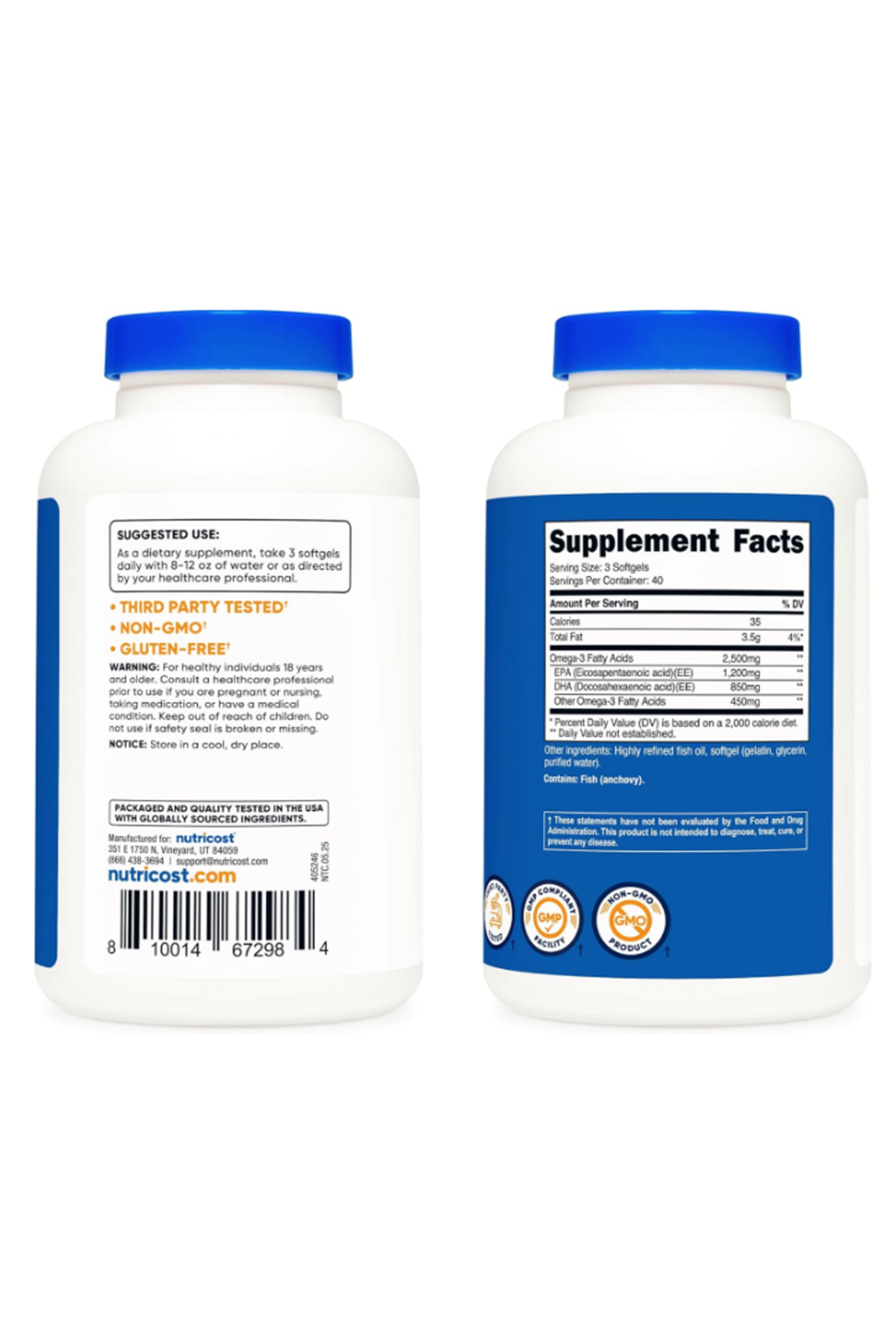Nutricost Omega 3 Fish Oil - 2500MG, 120 Softgels (40 Serv) - Fish Oil, Wild Caught! 1200mg EPA 850mg DHA - Non-GMO, Gluten Free.