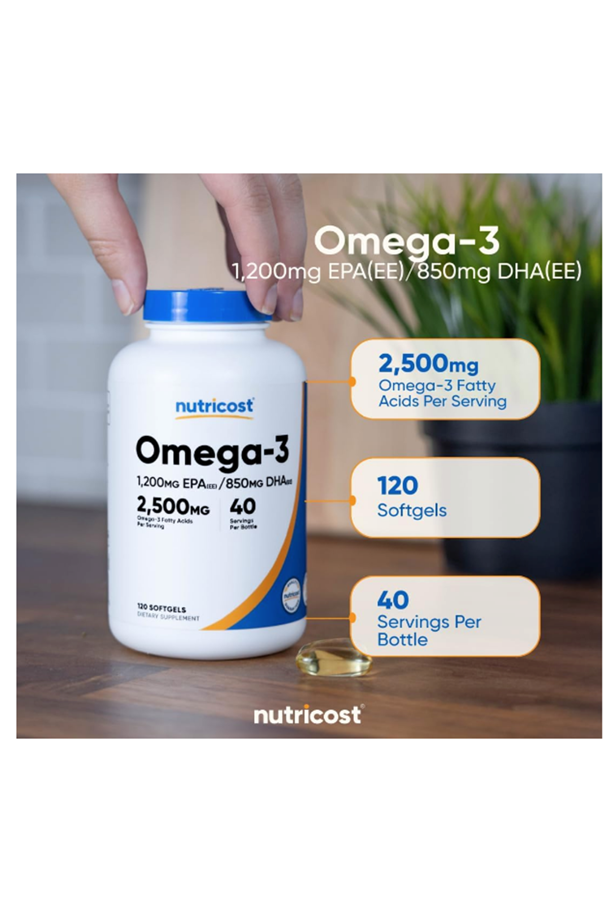 Nutricost Omega 3 Fish Oil - 2500MG, 120 Softgels (40 Serv) - Fish Oil, Wild Caught! 1200mg EPA 850mg DHA - Non-GMO, Gluten Free.