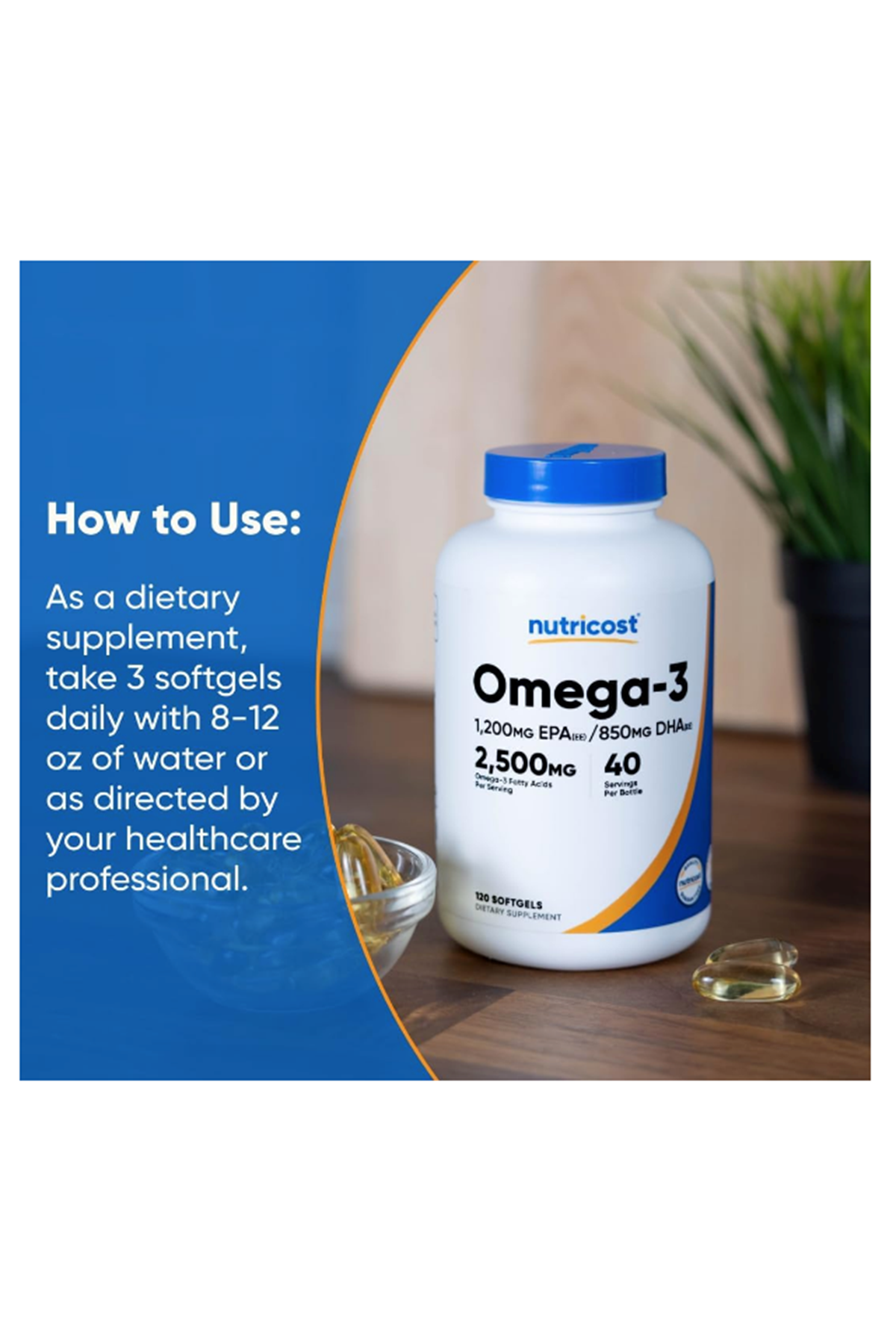 Nutricost Omega 3 Fish Oil - 2500MG, 120 Softgels (40 Serv) - Fish Oil, Wild Caught! 1200mg EPA 850mg DHA - Non-GMO, Gluten Free.