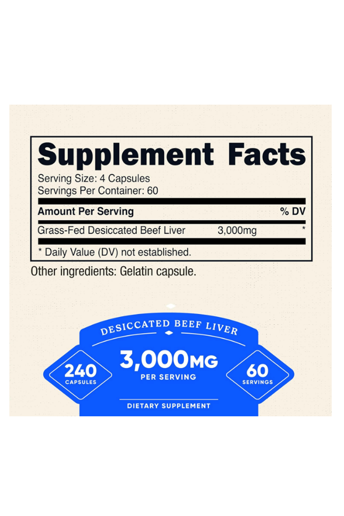 Nutricost Grass Fed Desiccated Beef Liver 3000mg  240 Capsul  60 Servings - No Hormones, GMO and Gluten Free, Pasture-Raised, Free Range Beef.