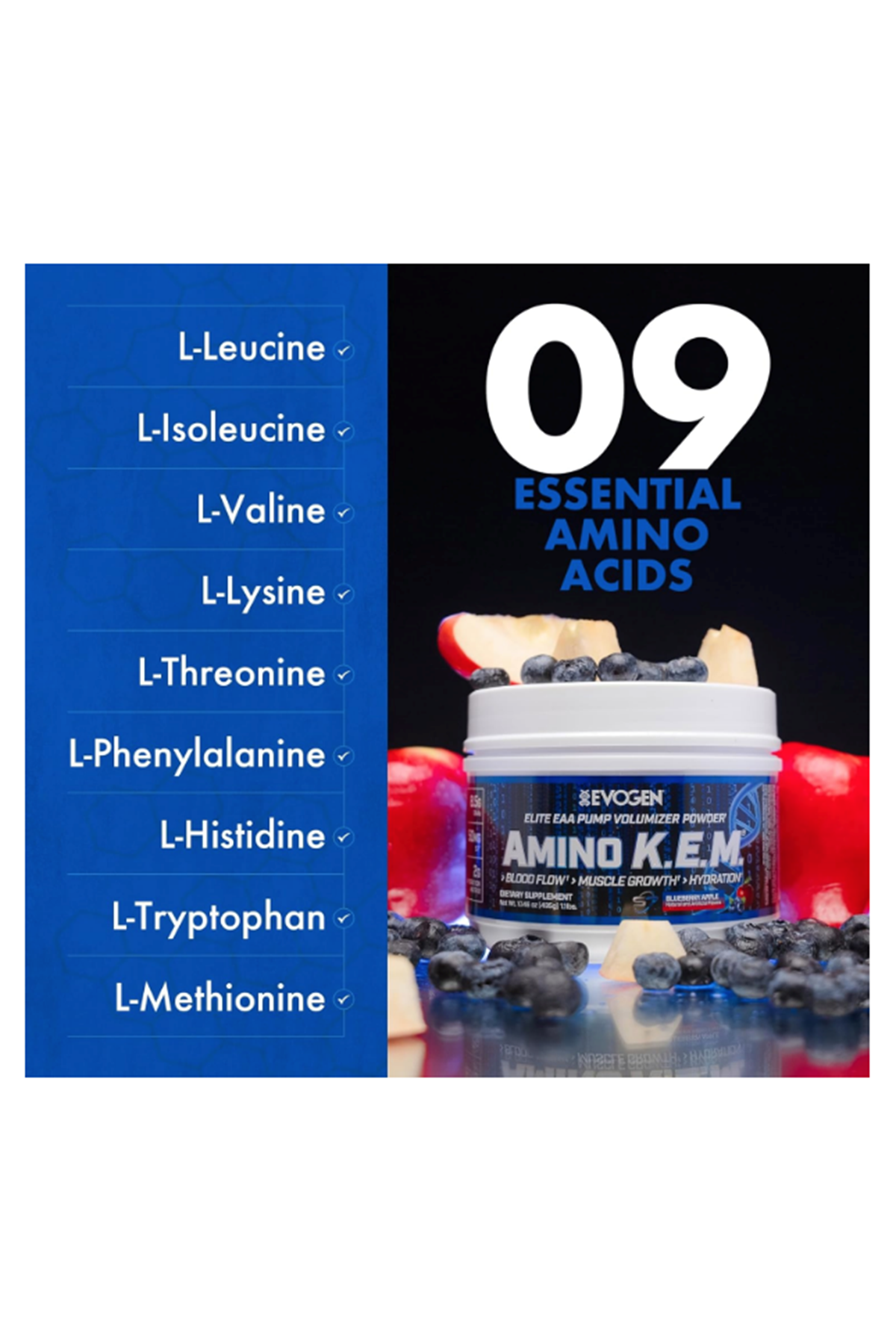 Evogen Amino K.E.M. - EAA  BCAA Pump Volumizer BCAAs Amino Acids for Blood Flow, Muscle Growth, Hydration  30 Servings.
