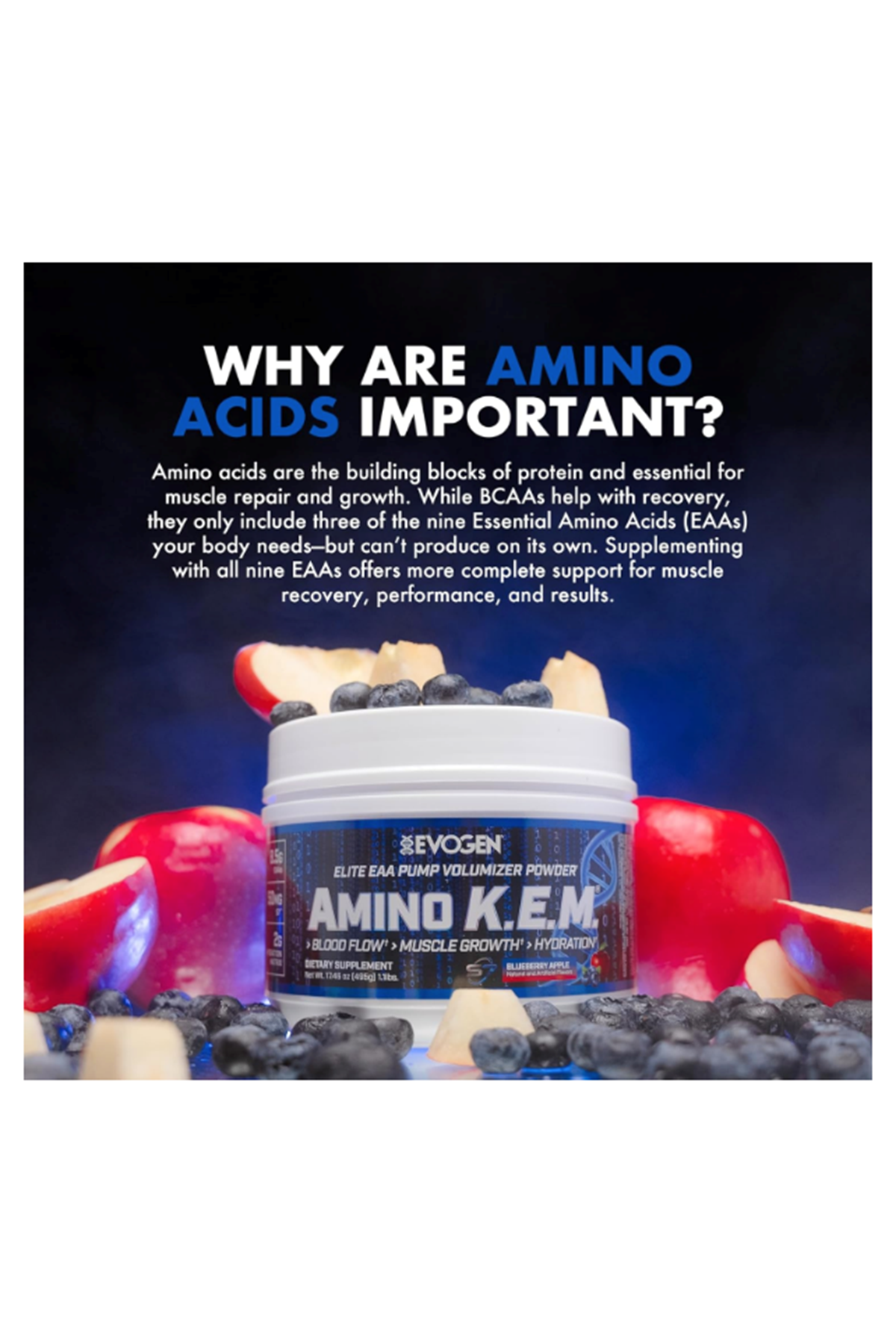 Evogen Amino K.E.M. - EAA  BCAA Pump Volumizer BCAAs Amino Acids for Blood Flow, Muscle Growth, Hydration  30 Servings.