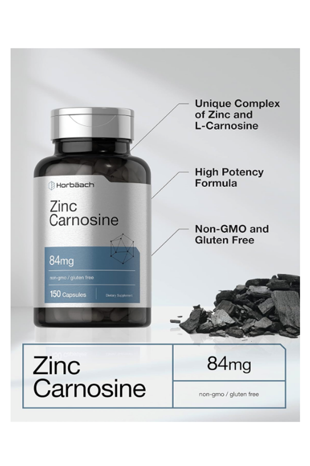 Horbäach Zinc Carnosine Supplement  84mg   150  Quick-Release Capsul  Non-GMO  Gluten Free.