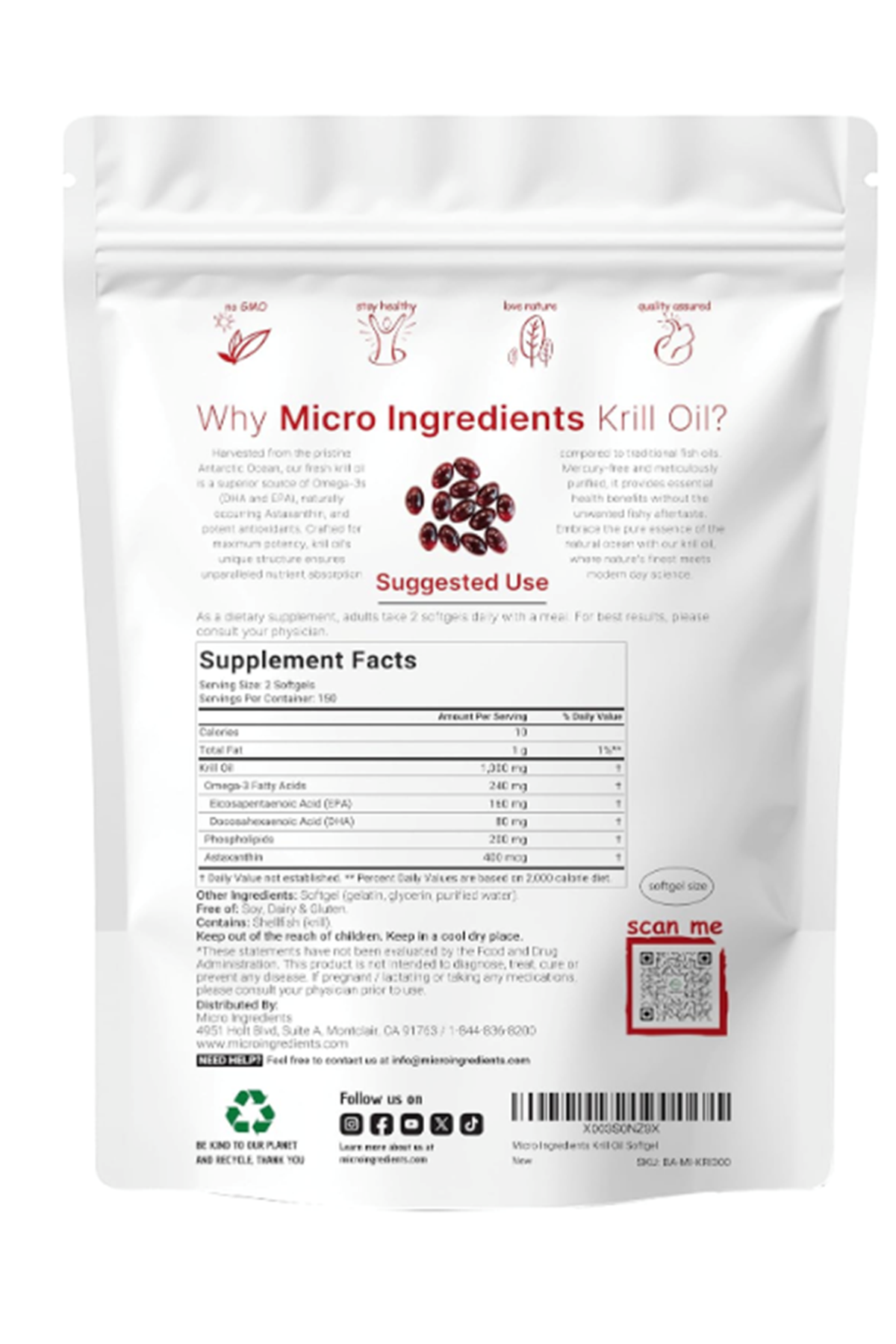 Micro Ingredients Antarctic Krill Oil  1000mg  300 Soft-Gels, Rich in Omega-3s EPA, DHA  Natural Astaxanthin, Immune System  Brain Health, Easy to Swallow.