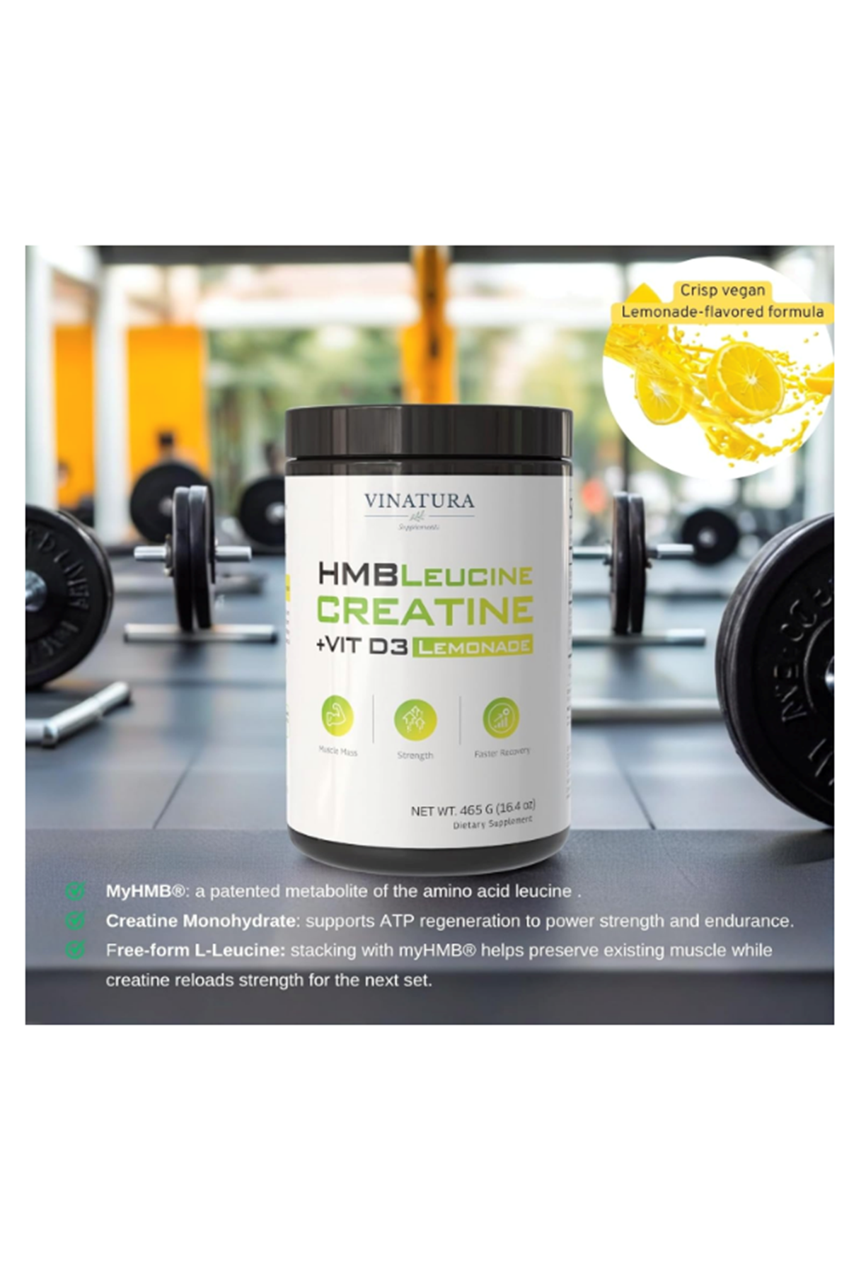 VINATURA HMB Creatine Leucine  465gr - 5g Creatine Monohydrate, 3g HMB, 3g L-Leucine - Vitamin D3, Vegan Lemonade Flavor, Muscle  Strength Support - 30 Servis.