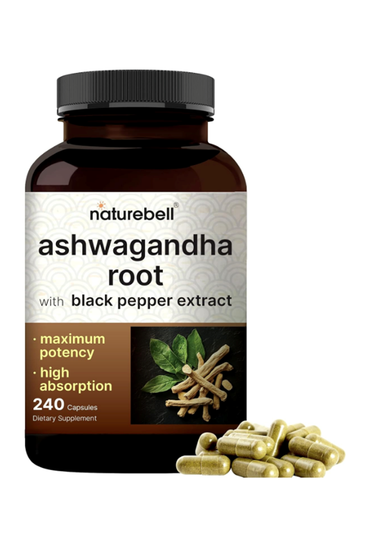 NatureBell Ashwa+ with Black Pepper Extract, 240 Capsules.Made ın Usa.