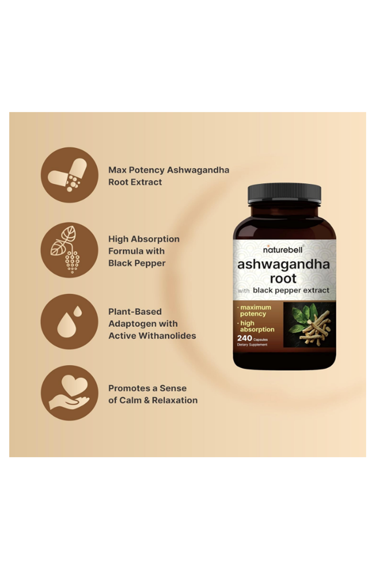 NatureBell Ashwa+ with Black Pepper Extract, 240 Capsules.Made ın Usa.