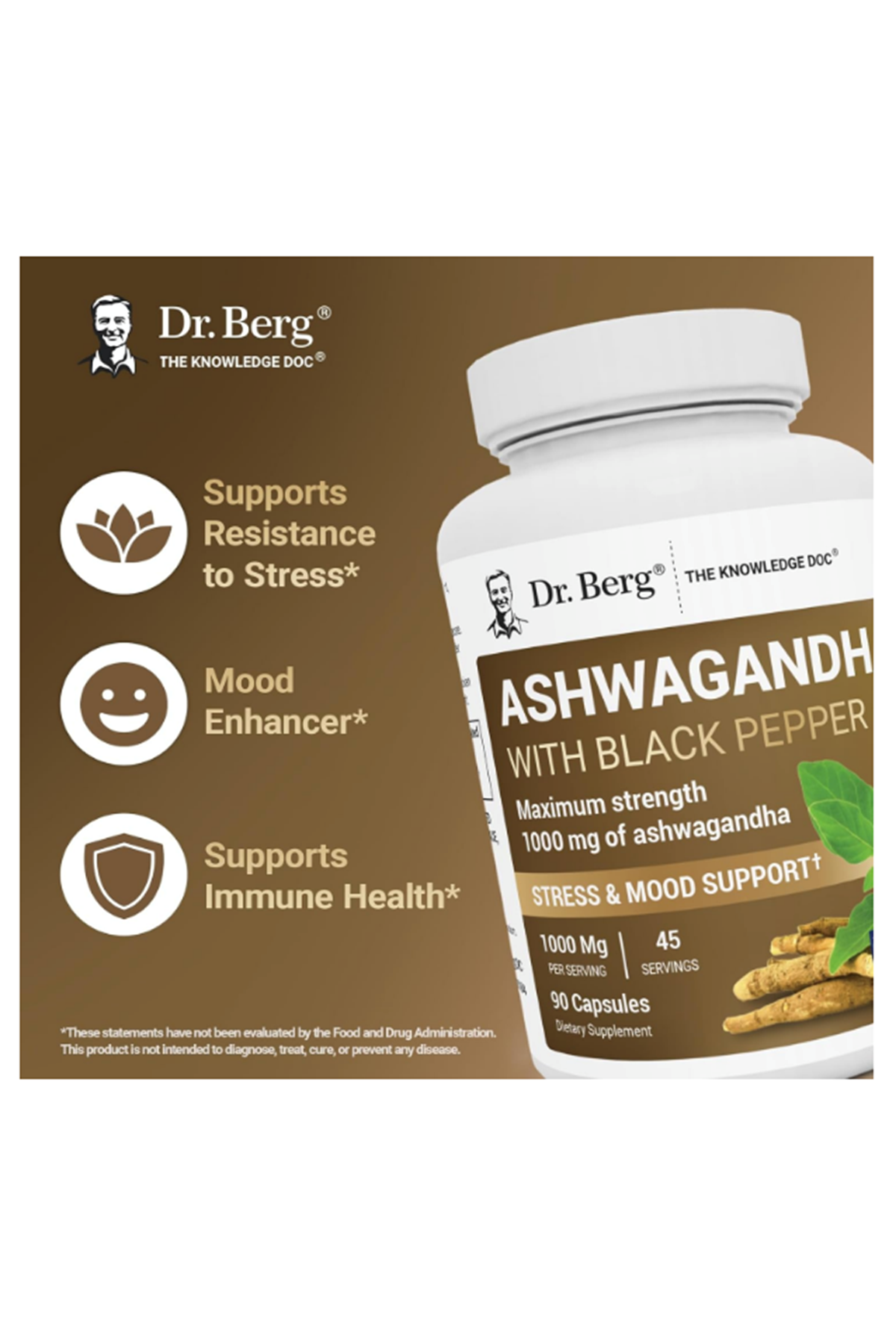 Dr. Berg Asha+ 1000mg  Root with Black Pepper from Bioperine - 90 Capsules.