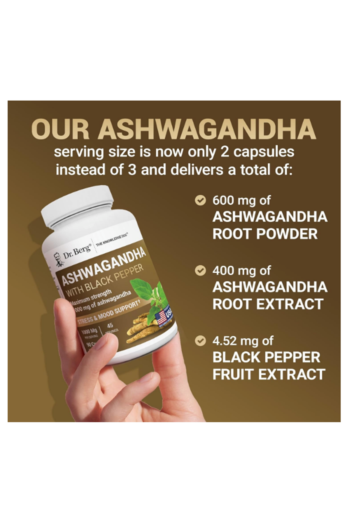 Dr. Berg Asha+ 1000mg  Root with Black Pepper from Bioperine - 90 Capsules.