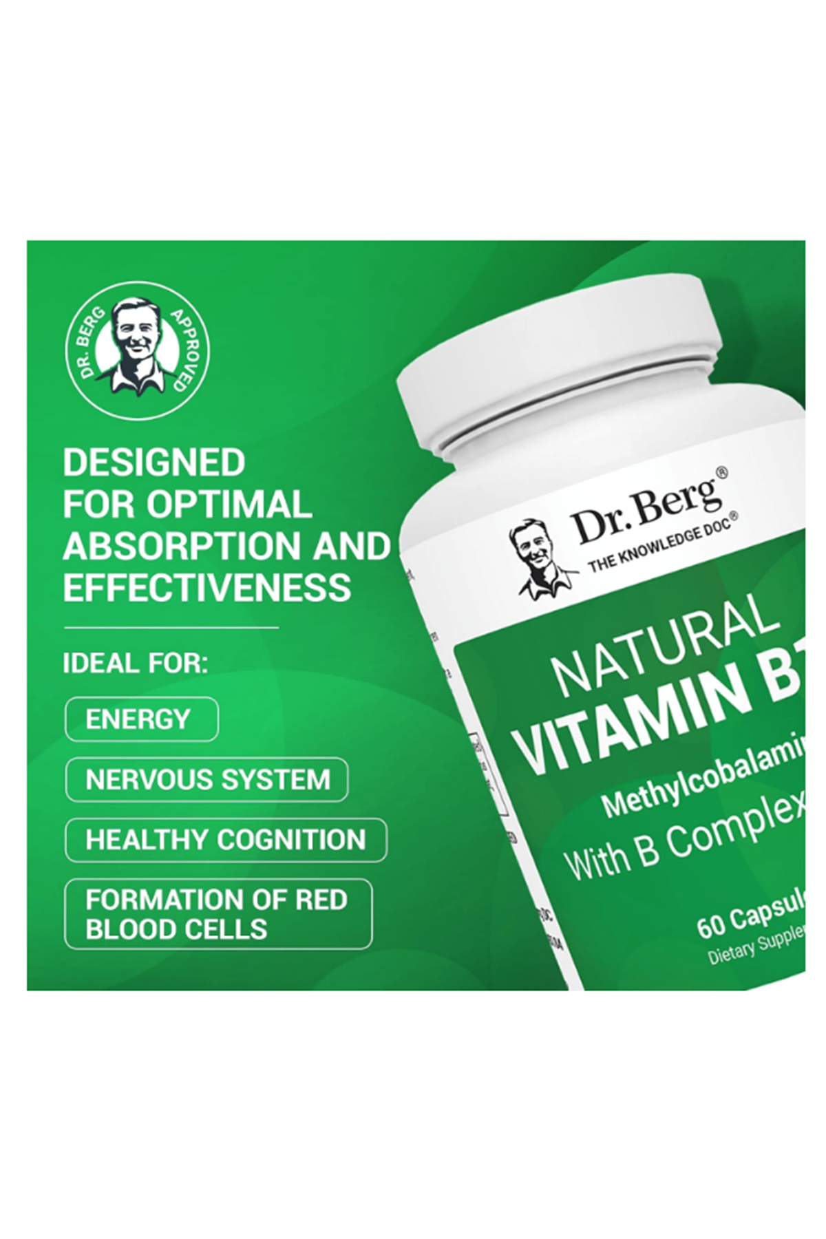 Dr. Berg Natural Vitamin B12 1000 mcg with B Complex Blend 60 Capsules.