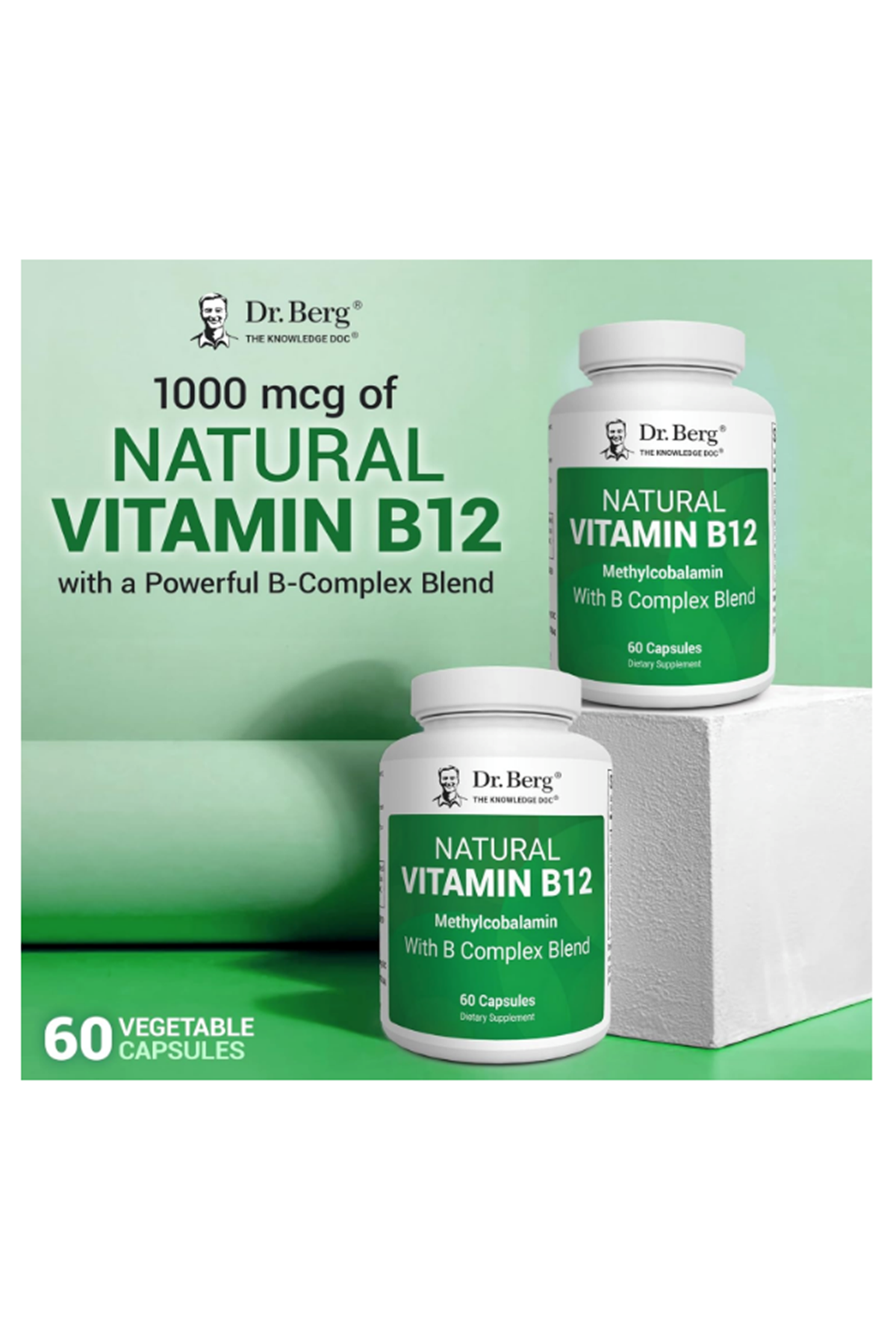 Dr. Berg Natural Vitamin B12 1000 mcg with B Complex Blend - Methylcobalamin B12 for Energy, Nerve Health, and Cognitive Function* - Methylated B12 with Folate - 60 Capsules.