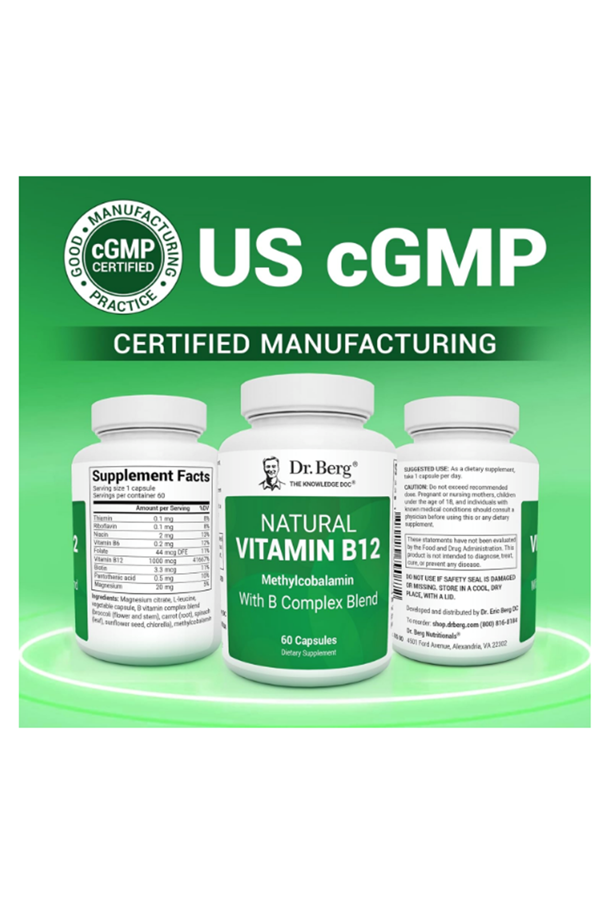 Dr. Berg Natural Vitamin B12 1000 mcg with B Complex Blend - Methylcobalamin B12 for Energy, Nerve Health, and Cognitive Function* - Methylated B12 with Folate - 60 Capsules.