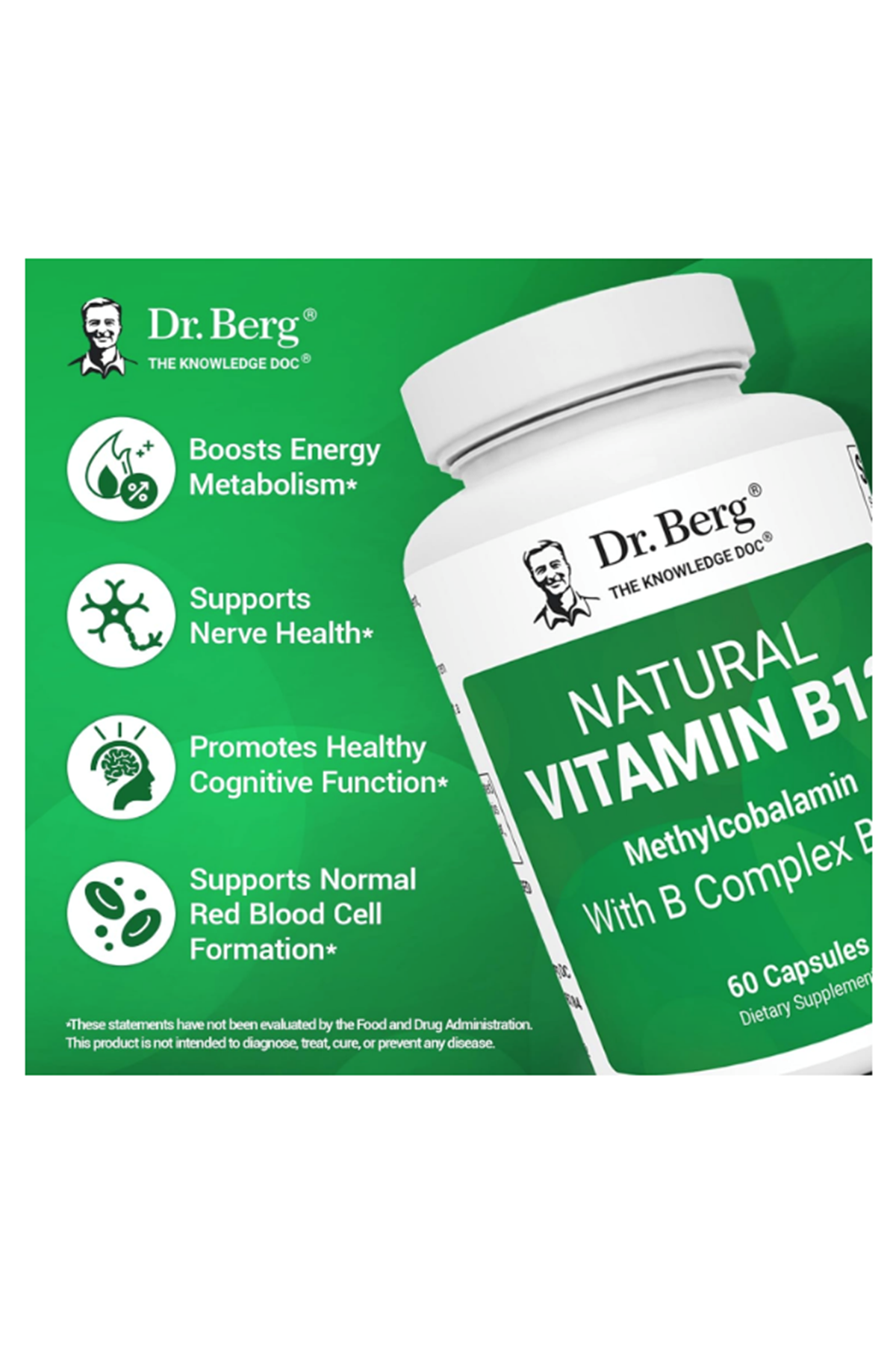 Dr. Berg Natural Vitamin B12 1000 mcg with B Complex Blend - Methylcobalamin B12 for Energy, Nerve Health, and Cognitive Function* - Methylated B12 with Folate - 60 Capsules.