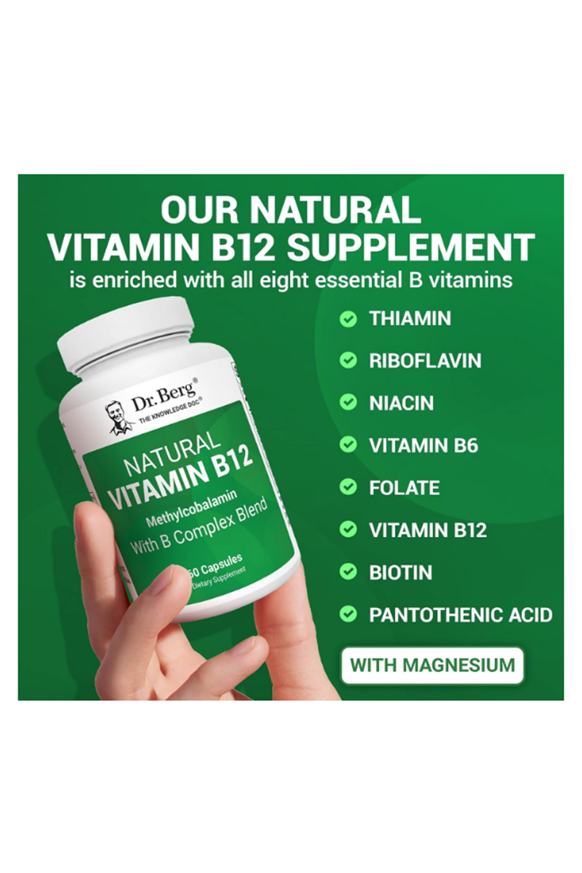 Dr. Berg Natural Vitamin B12 1000 mcg with B Complex Blend - Methylcobalamin B12 for Energy, Nerve Health, and Cognitive Function* - Methylated B12 with Folate - 60 Capsules.
