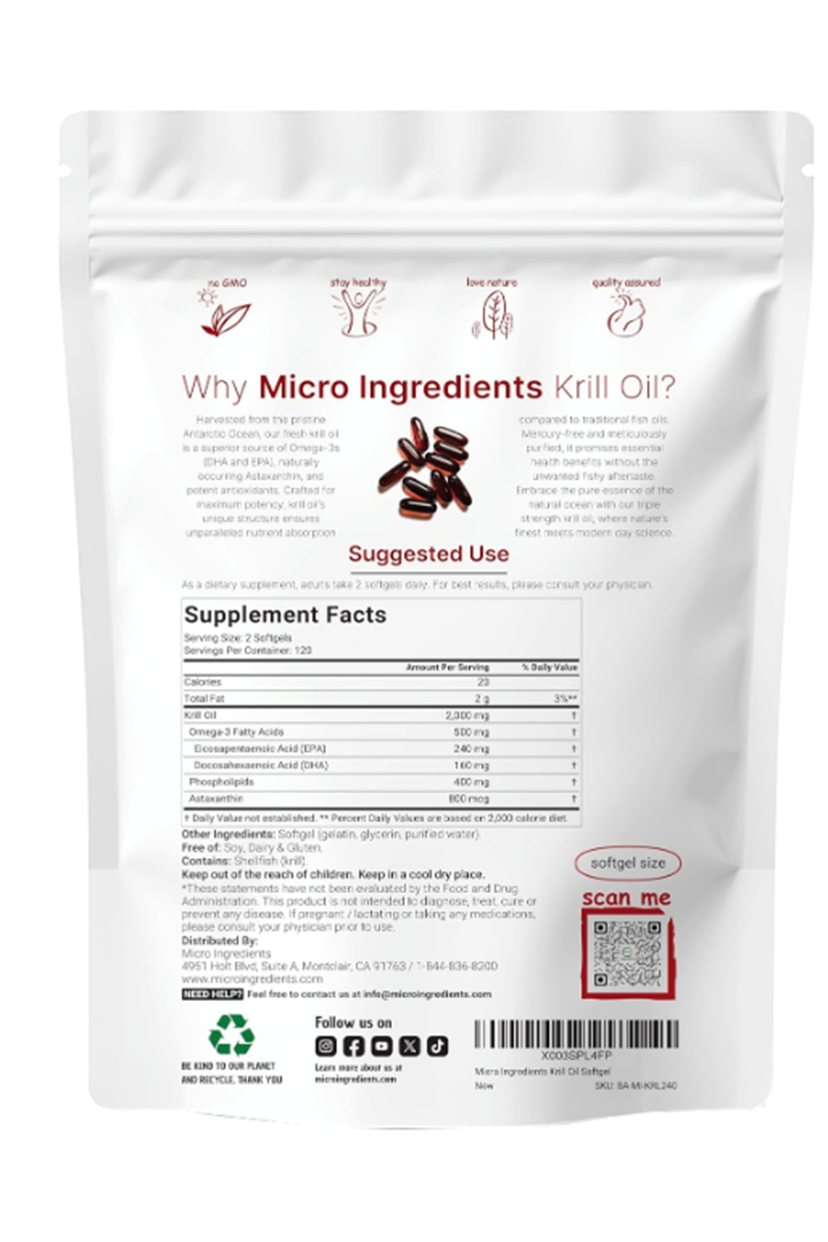 Micro Ingredients Antarctic Krill Oil 2,000mg  240 Softgels, Triple Strength, Rich in Omega-3s EPA, DHA  Natural Astaxanthin, Immune System  Brain Health.
