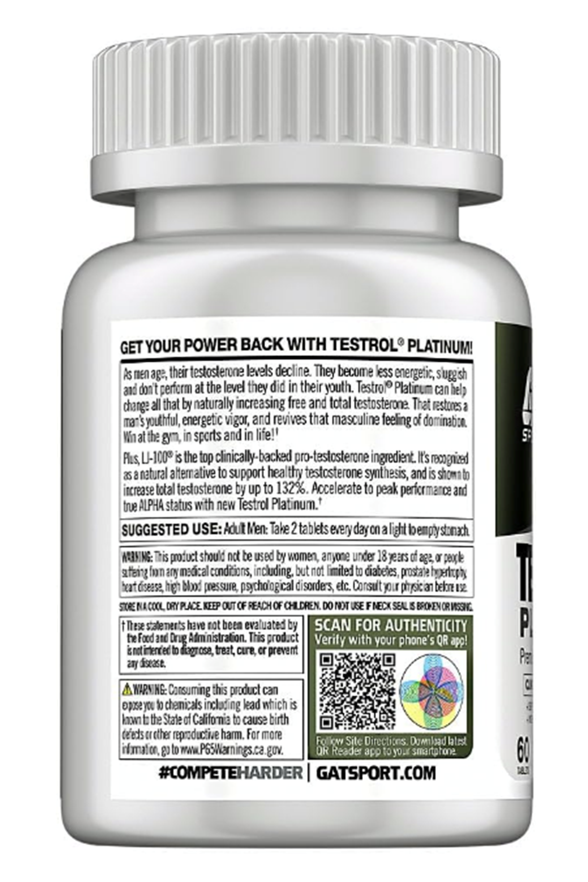 GAT Testrol Platinum, PremiumTest Booster for Men by Stamina  Boron, Vitamin D, Zinc, 60 Tablets.