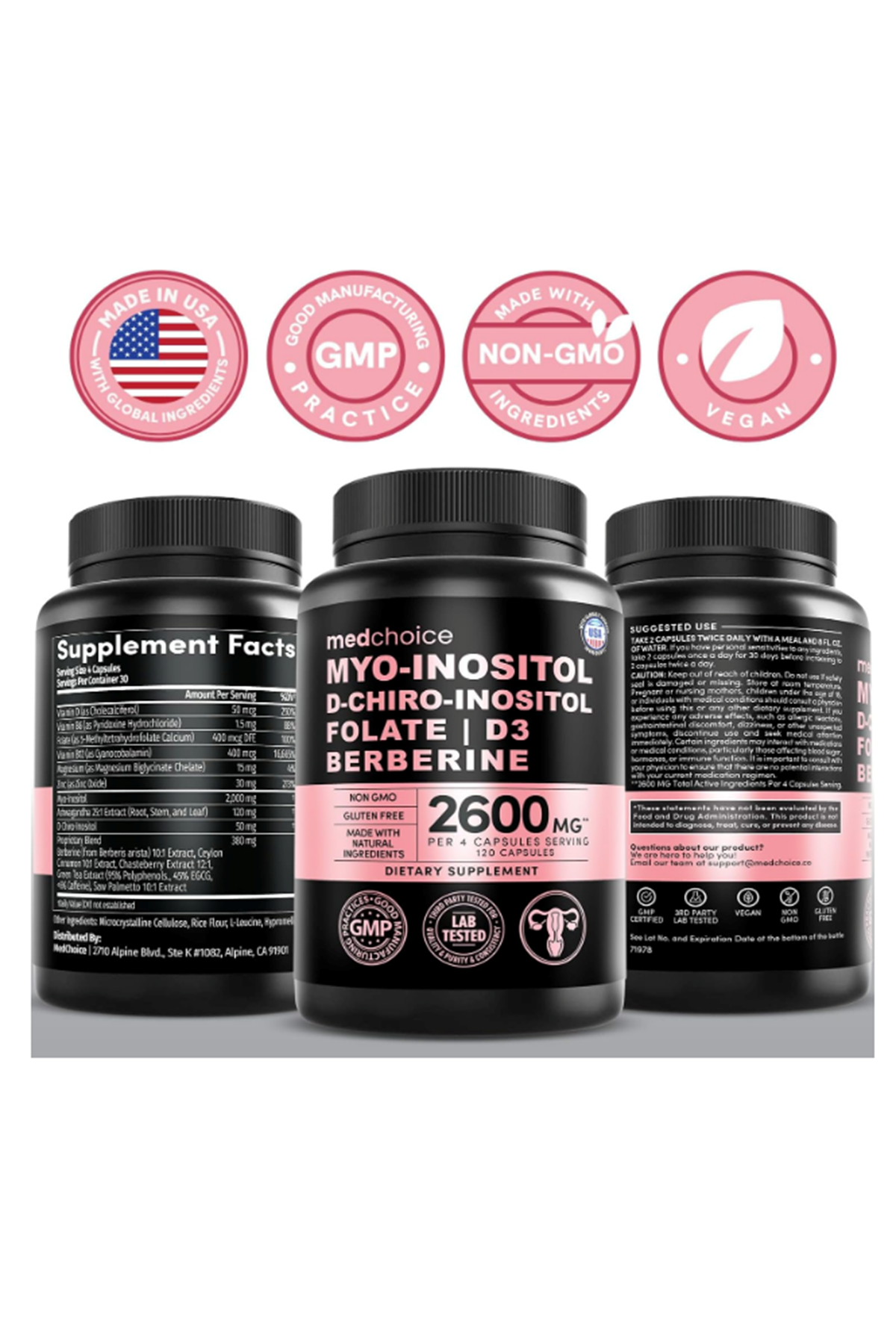 MEDCHOICE Myo-Inositol D-Chiro+Inositol+Folate+Vitamin D3+Zinc+Magnezium+Berberıne 120 Capsul.Abd Menşei.
