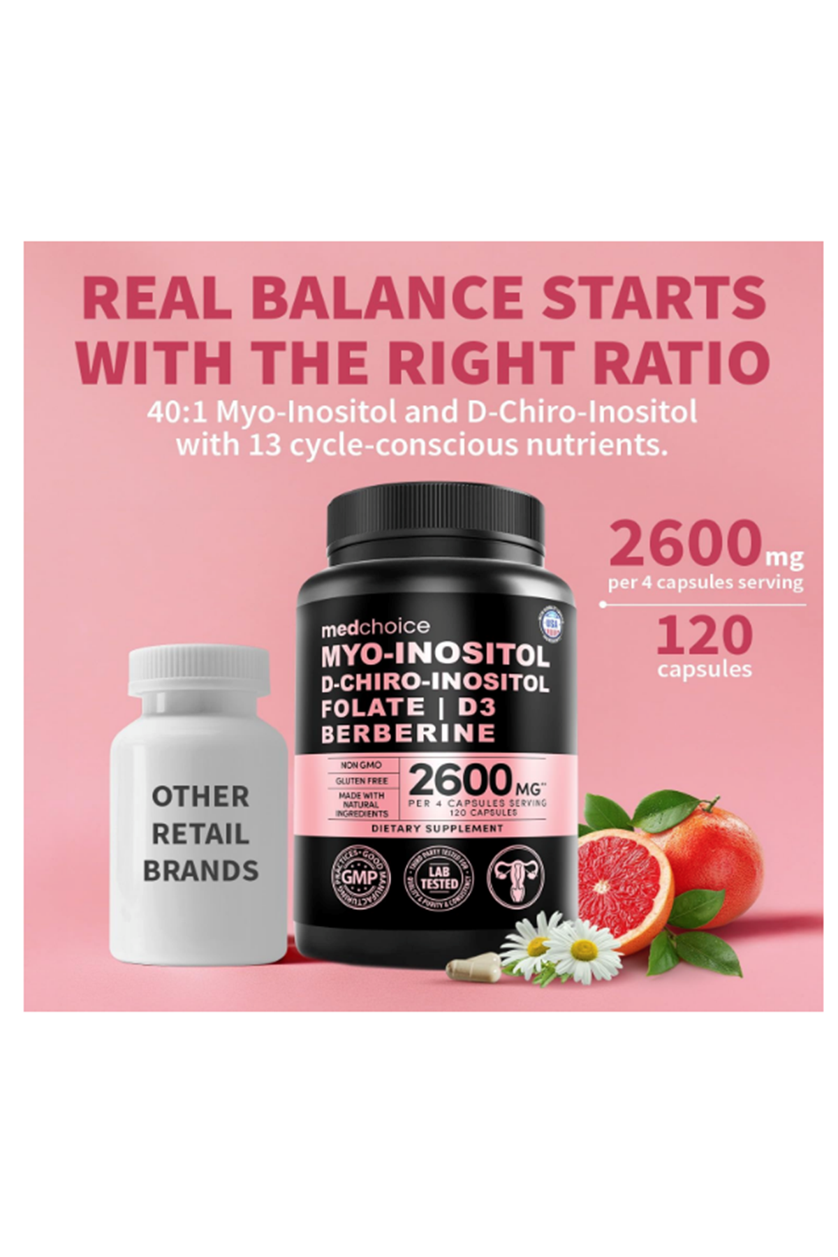 MEDCHOICE Myo-Inositol and D-Chiro Inositol,Folate, Vitamin D3, Zinc, Magnezium Berberıne 120 Capsul.