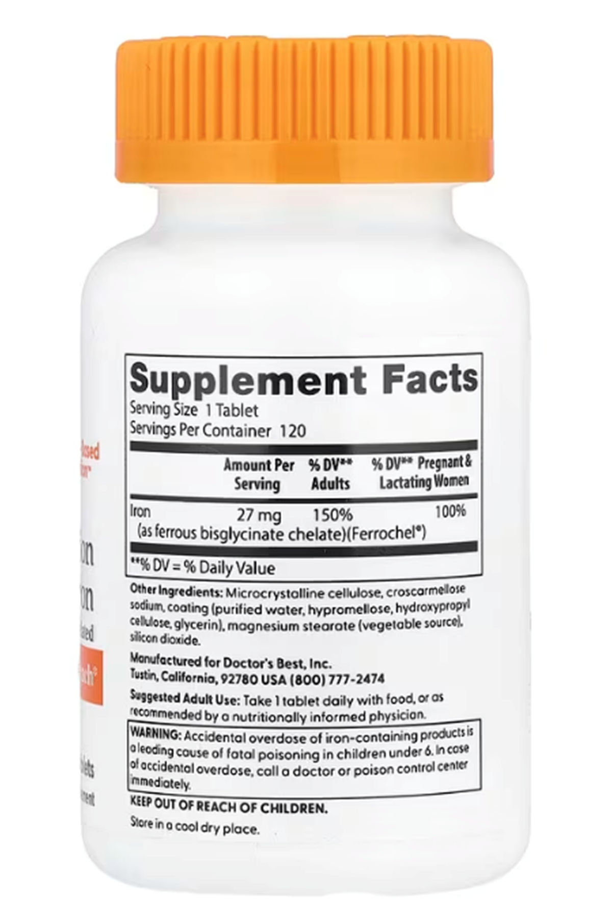 Doctor's Best High Absorption Iron Chelated with Ferrochel, Gentle on The Stomach, Immune Health, Blood Health, 27mg 120 Tablet.36.