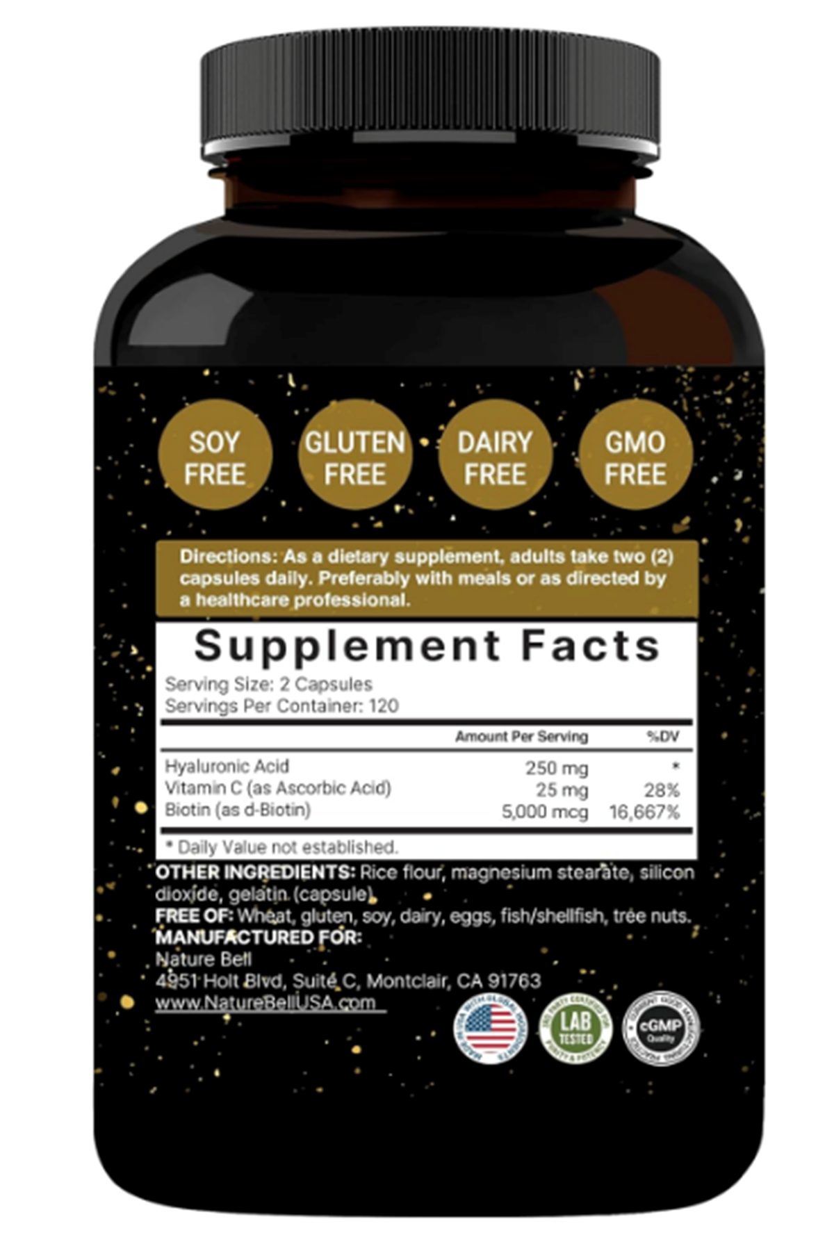 NatureBell Hyaluronic Acid 250mg - 240 Capsules - 250mg Hyaluronic Acid, 5000mcg Biotin & 25 mg Vitamin C.