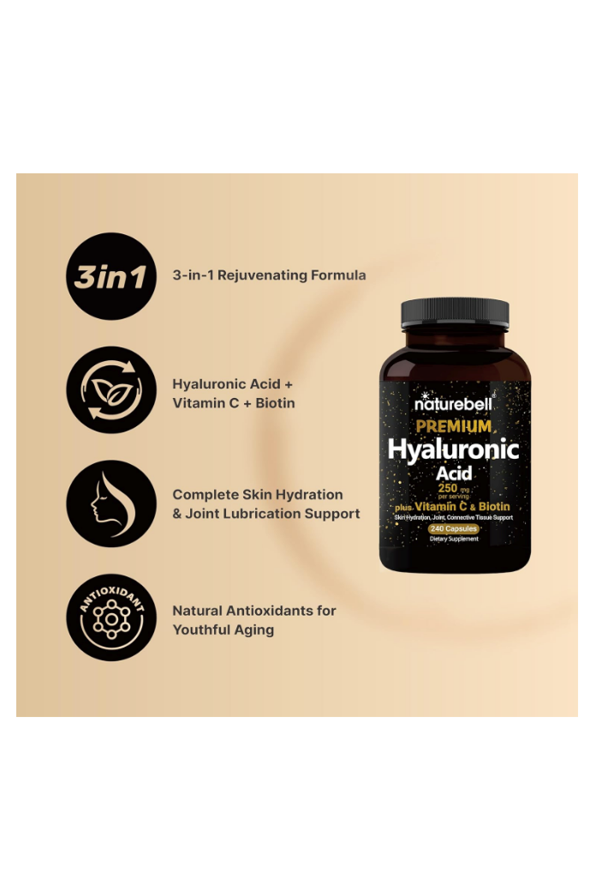 NatureBell Hyaluronic Acid 250mg - 240 Capsules - 250mg Hyaluronic Acid, 5000mcg Biotin & 25 mg Vitamin C.