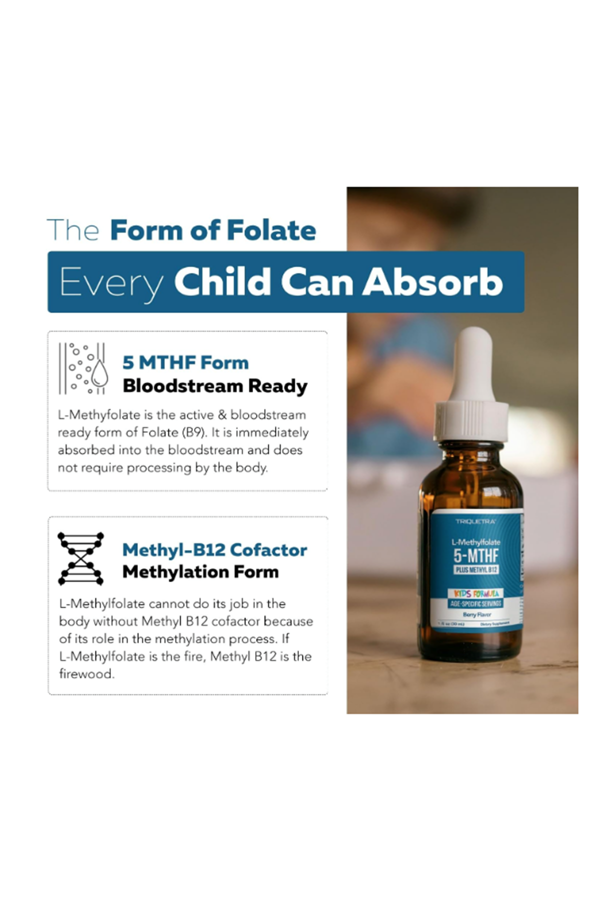 Triquetra Organic Kids L-Methylfolate + Methyl B12 Cofactor-MTHFR Sublingual Form-5-MTHF, Superior Form of Folate-Adjustable Dosing for All Ages-Mood,Behavior,Cognition 30ml.