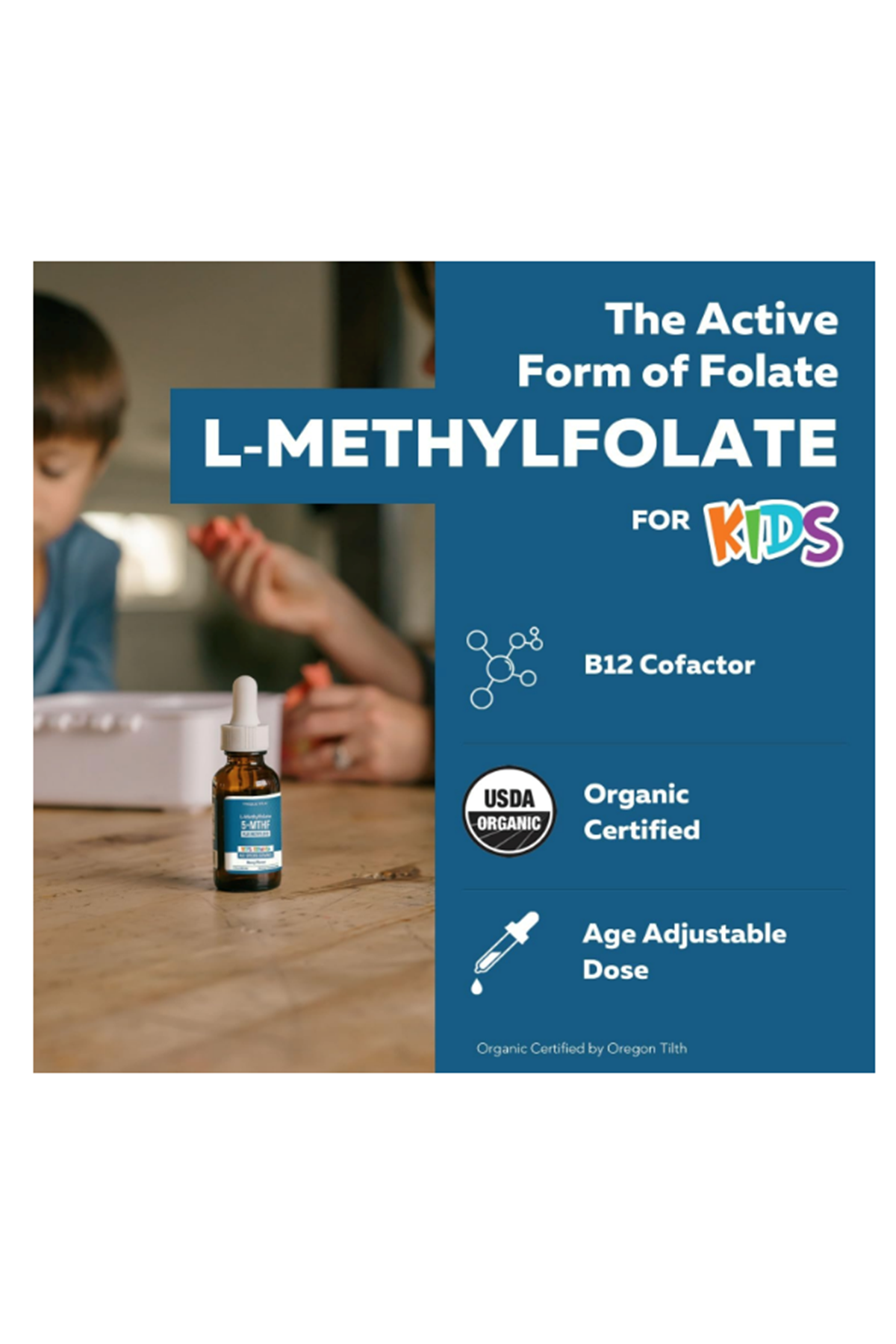 Triquetra Organic Kids L-Methylfolate + Methyl B12 Cofactor-MTHFR Sublingual Form-5-MTHF, Superior Form of Folate-Adjustable Dosing for All Ages-Mood,Behavior,Cognition 30ml.