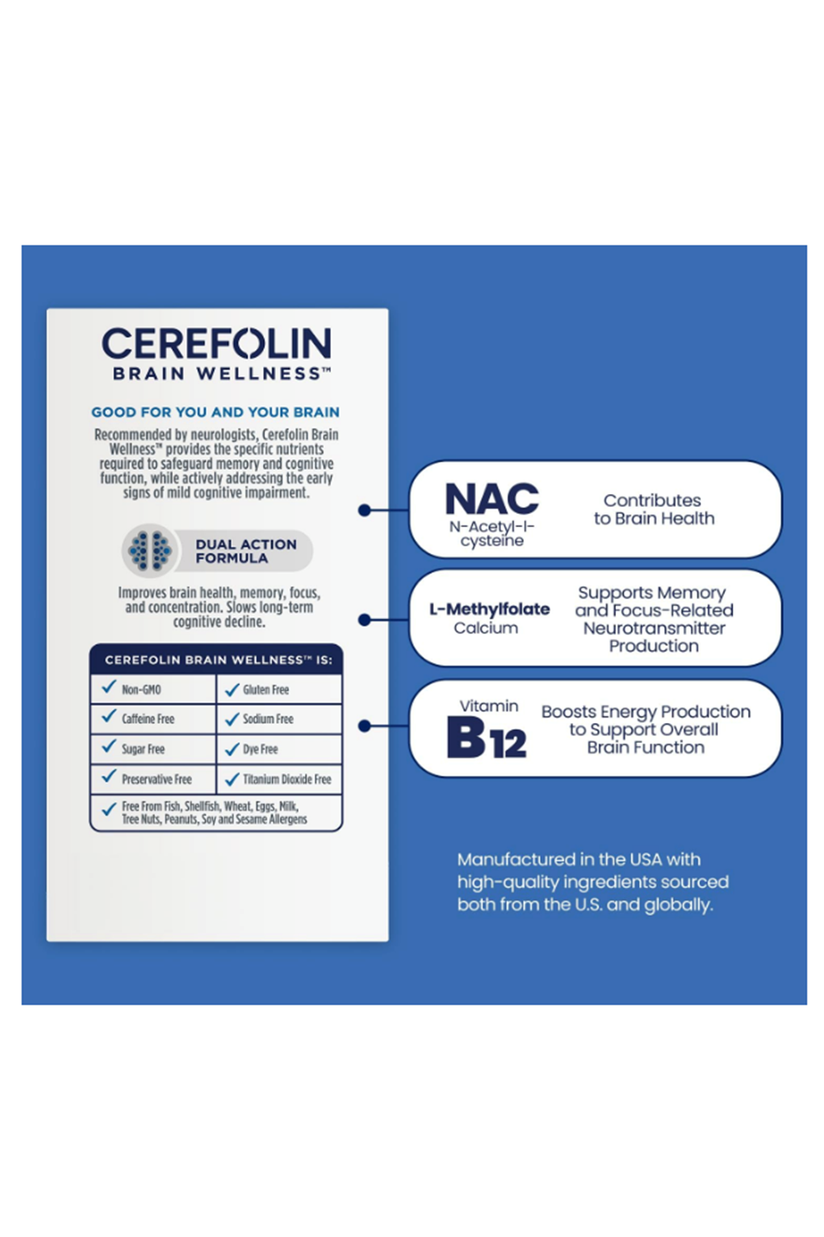 Alfasigma Cerefolin 30 Tablets Brain Wellness,Targeted for Cognitive, Improves Memory,Focus  Concentration, L-Methylfolate, N.A.C, B12, Neurologist Recommended