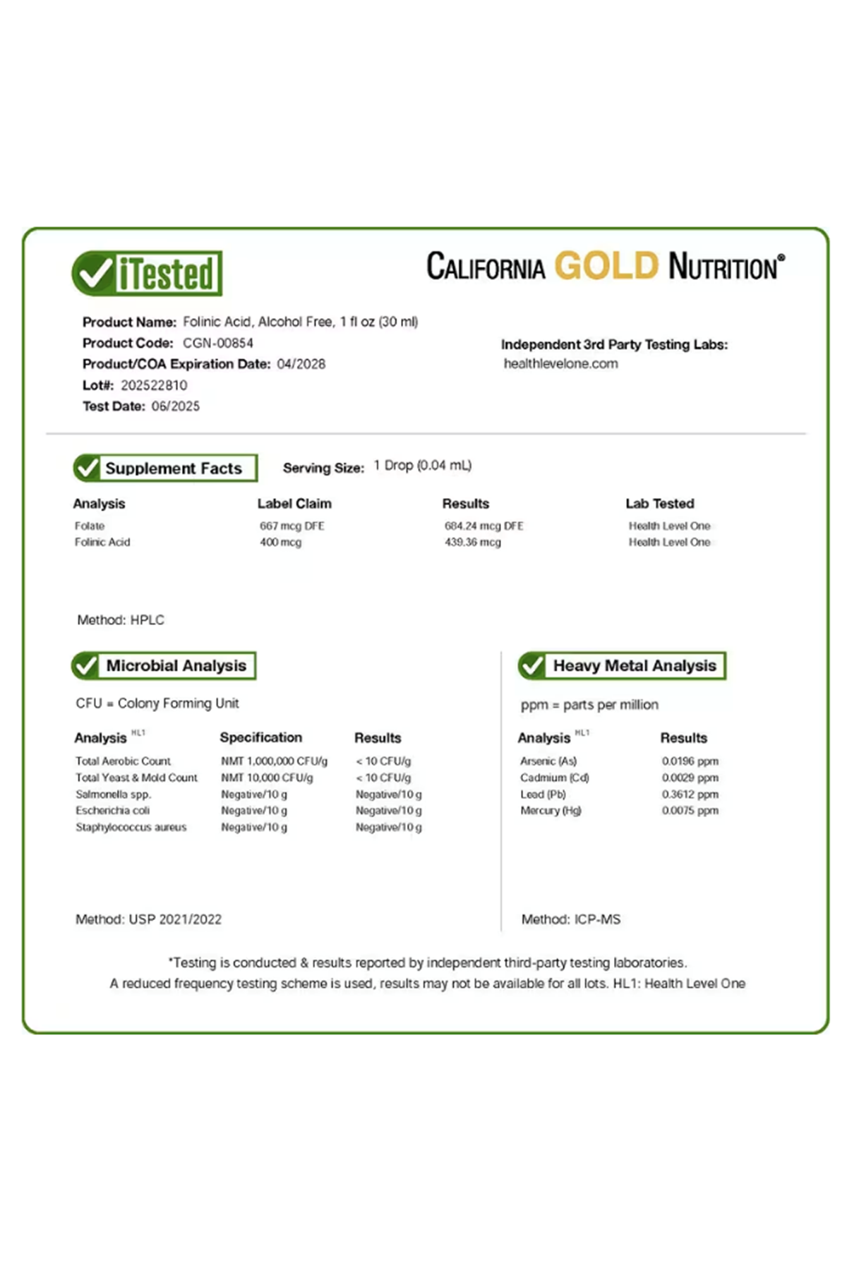 California Gold Nutrition, Folinic Acid, Alcohol Free, 1 fl oz (30 ml).