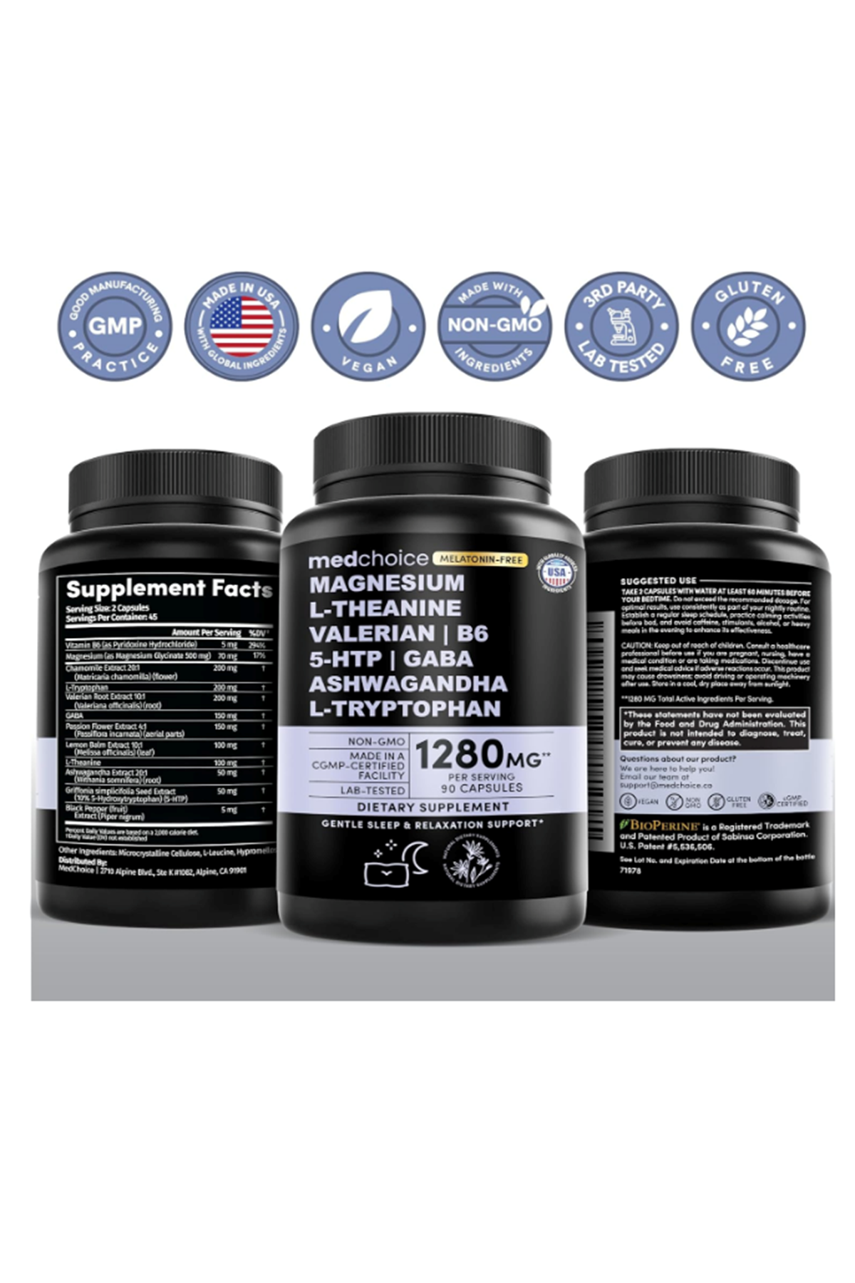 MEDCHOICE  Magnezium, L-Theanıne, Valerian Root, B6,  5-HTP, GABA, Asvaganda, L-Tryptophan, 90 Capsul  Non-Habit Forming Balanced Blend.