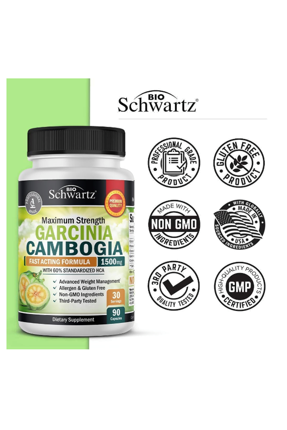 BioSchwartz  Garcinia Cambogia Weight Loss- 1500mg 90 Capsul HCA Pure Extract-Fast Acting Appetite Suppressant-Fat Burner for Women and Men- Carb Blocker Metabolism.