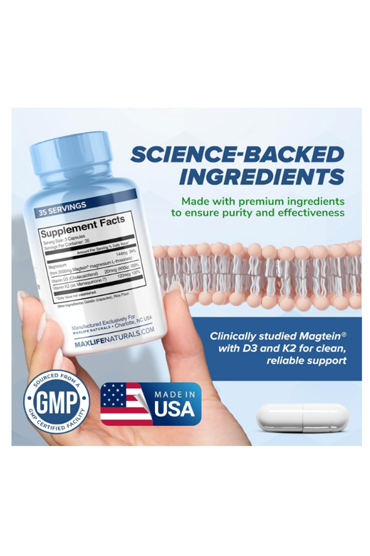 Maxlife Naturals Max-Mag Magnezium L-Threonate- 105 Capsules Made in USA- Magtein 2000mg with Vitamin D3 and K2 for Sleep, Mood & Brain.