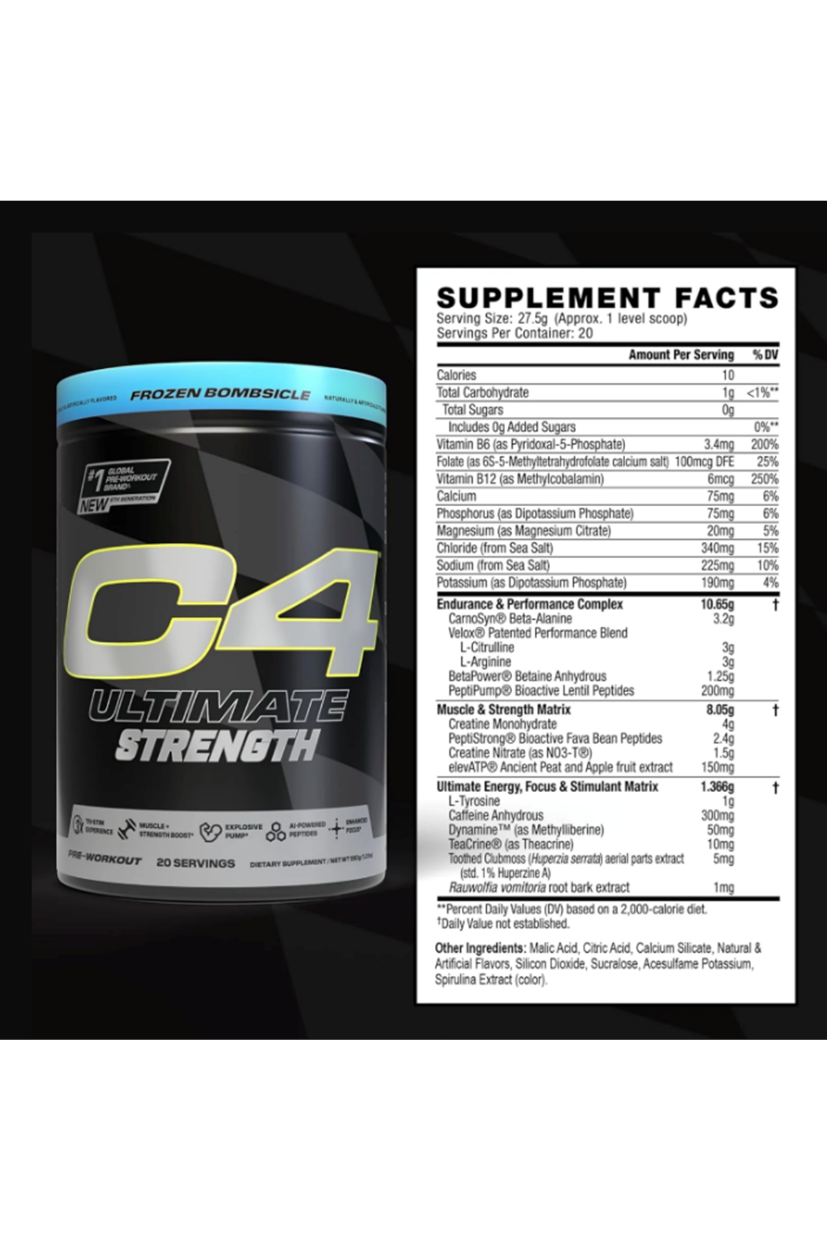 Cellucor C4 Ultimate Strength Pre Workout 20 Servis Tri-Stim Experience Caffeine+TeaCrine+Dynamine-Creatine Beta-Alanine.(Avrupa Değil.Amerikan İçeriktir)!!.