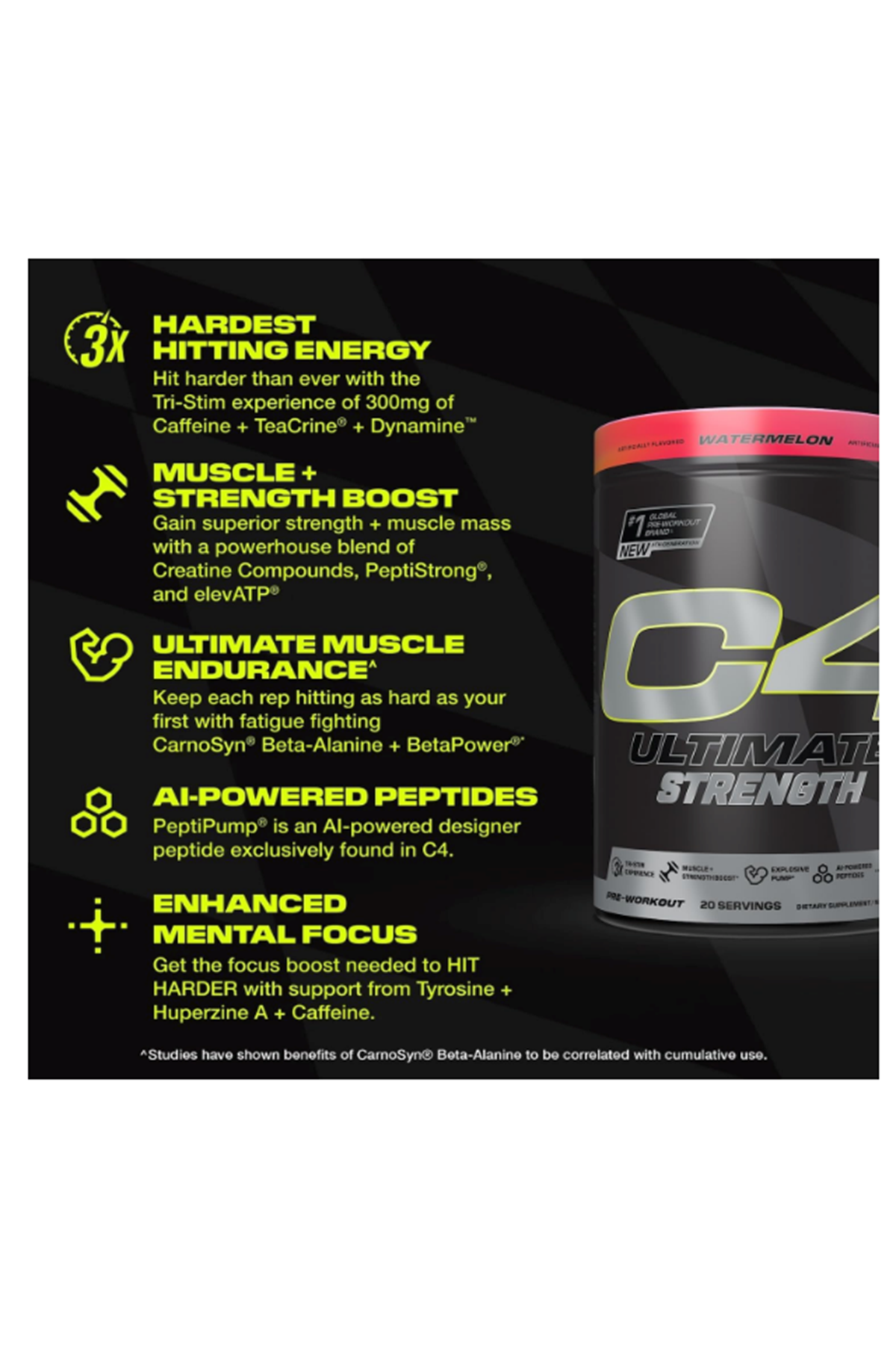 Cellucor C4 Ultimate Strength Pre Workout 20 Servis Tri-Stim Experience Caffeine+TeaCrine+Dynamine-Creatine Beta-Alanine.(Avrupa Değil.Amerikan İçeriktir)!!.