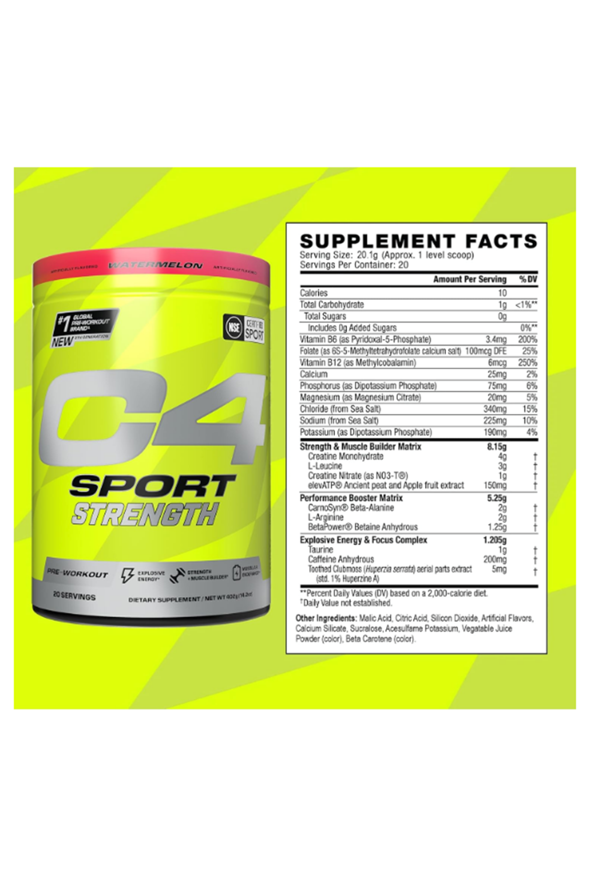 Cellucor C4 Sport Strength Pre Workout 20 Servis - NSF Certified for Sport - Beta-Alanine,Creatine,Caffeine Sugar Free.Usa Menşei.