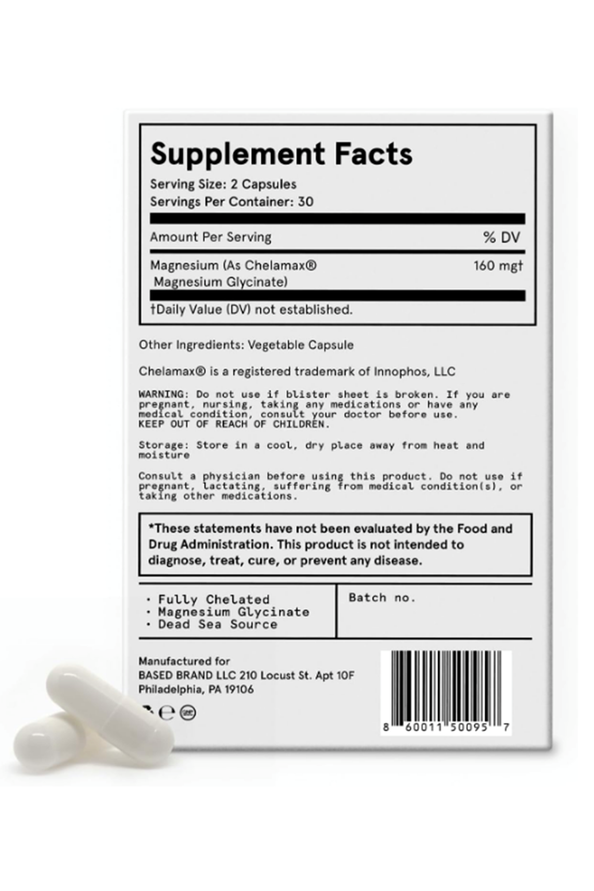 Based Dead Sea Magnesium Glycinate Stress Relief, Sleep, Heart Health, Nerves, Muscles, and Metabolism 60 Capsules.