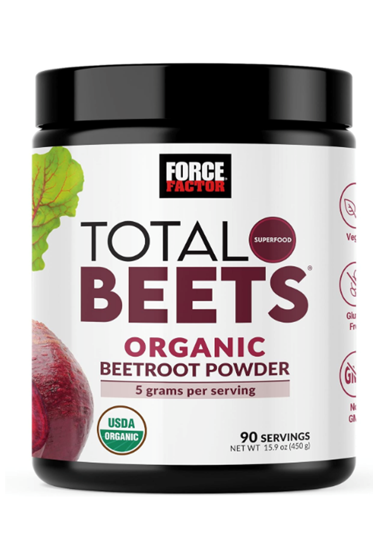 Force Factor Total Beets Organic Beetroot Powder 450gr  Superfood to Boost Daily Nutrition, USDA Organic, Vegan, Gluten-Free, and Non-GMO,90 Servings.