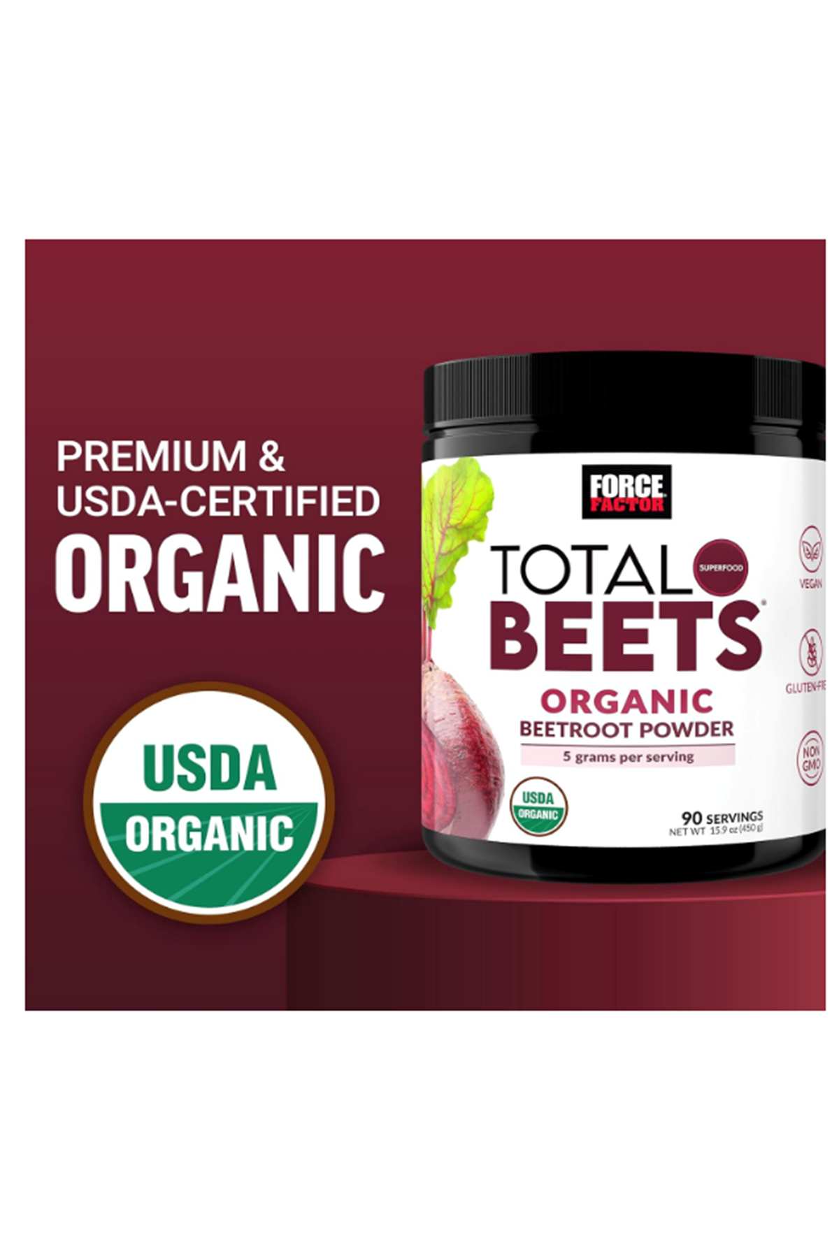 Force Factor Total Beets Organic Beetroot Powder 450gr  Superfood to Boost Daily Nutrition, USDA Organic, Vegan, Gluten-Free, and Non-GMO,90 Servings.