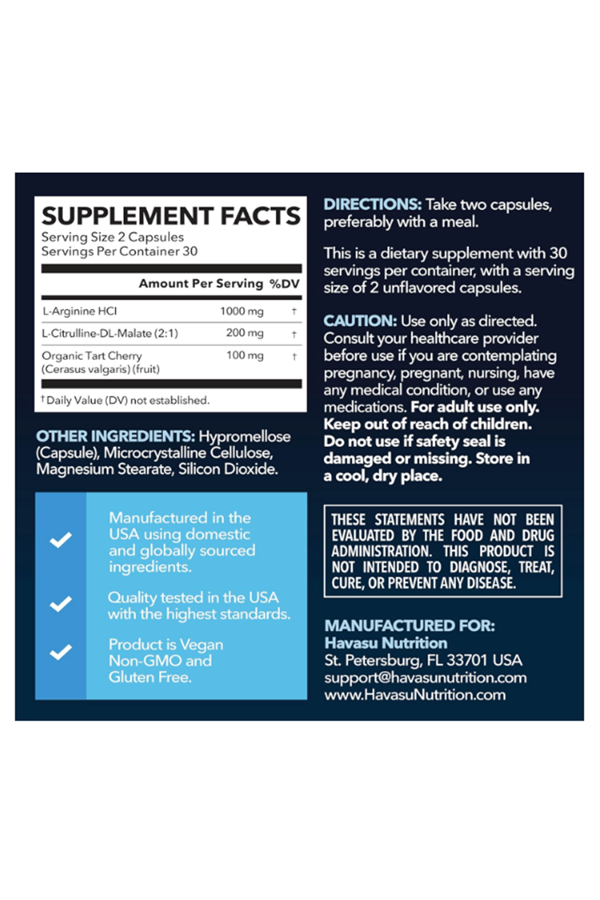 HAVASU NUTRITION L-Arginine 60 Capsules with L-Citrulline Tart Cherry- Nitric Oxide Supplement.Abd Best Seller !!.