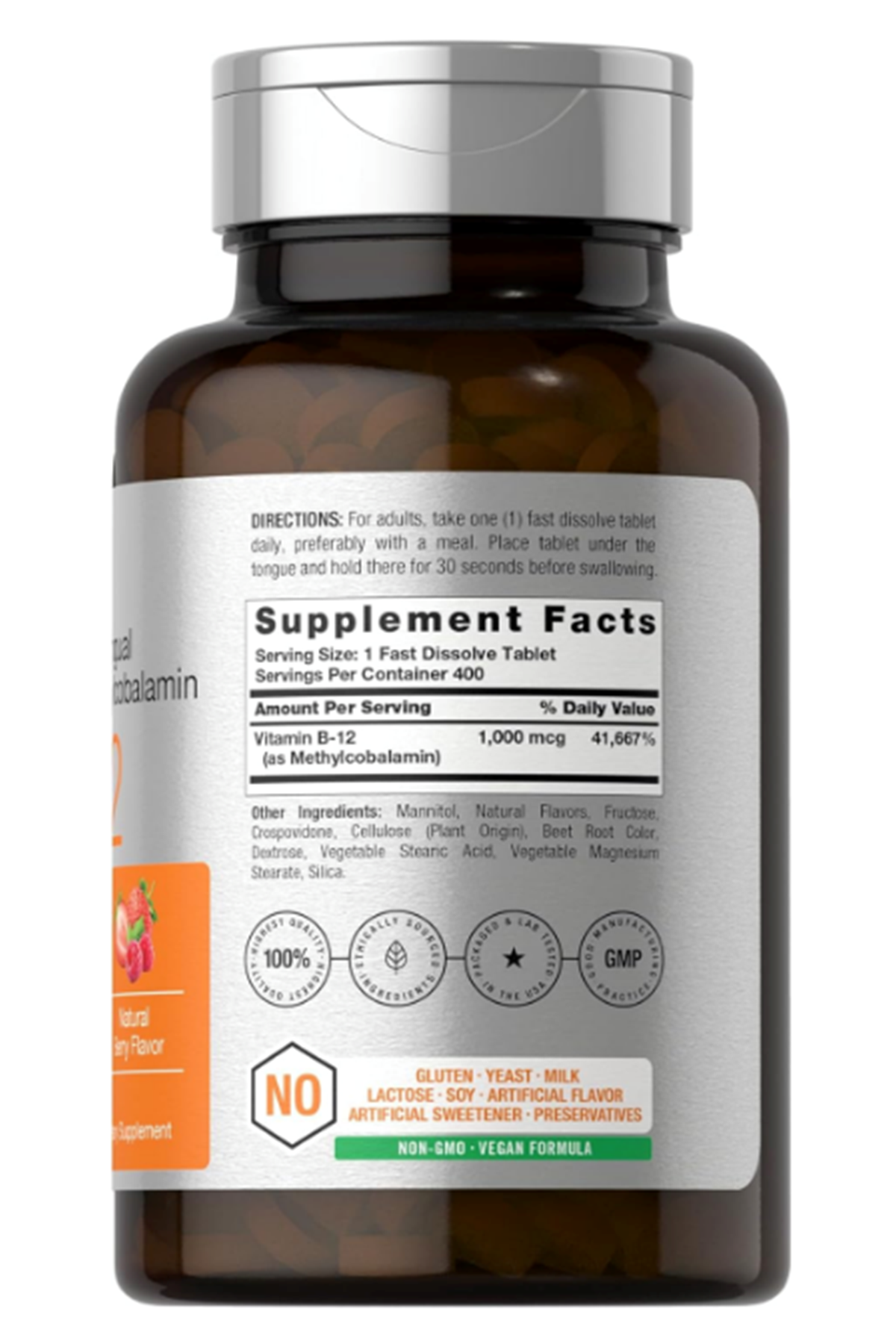 Horbäach Vitamin B12 Sublingual 1000mcg  400 Fast Dissolve Tablet Methylcobalamin for Adults Natural Berry Flavor Vegan, Non-GMO, and Gluten Free.4145