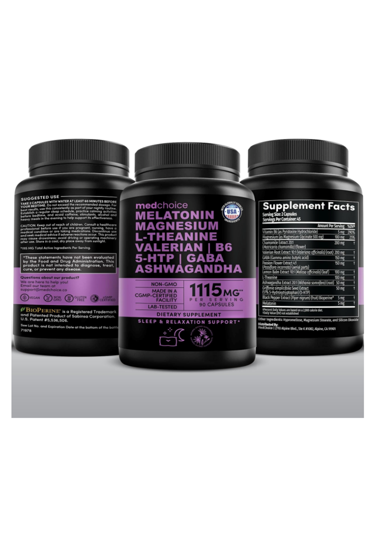 MEDCHOICE  Natural Sleep Magnesium Glycinate 500mg, L Theanine, Valerian Root,, GABA, 5-HTP, 90 Capsul.ABD MENŞEİ.50.