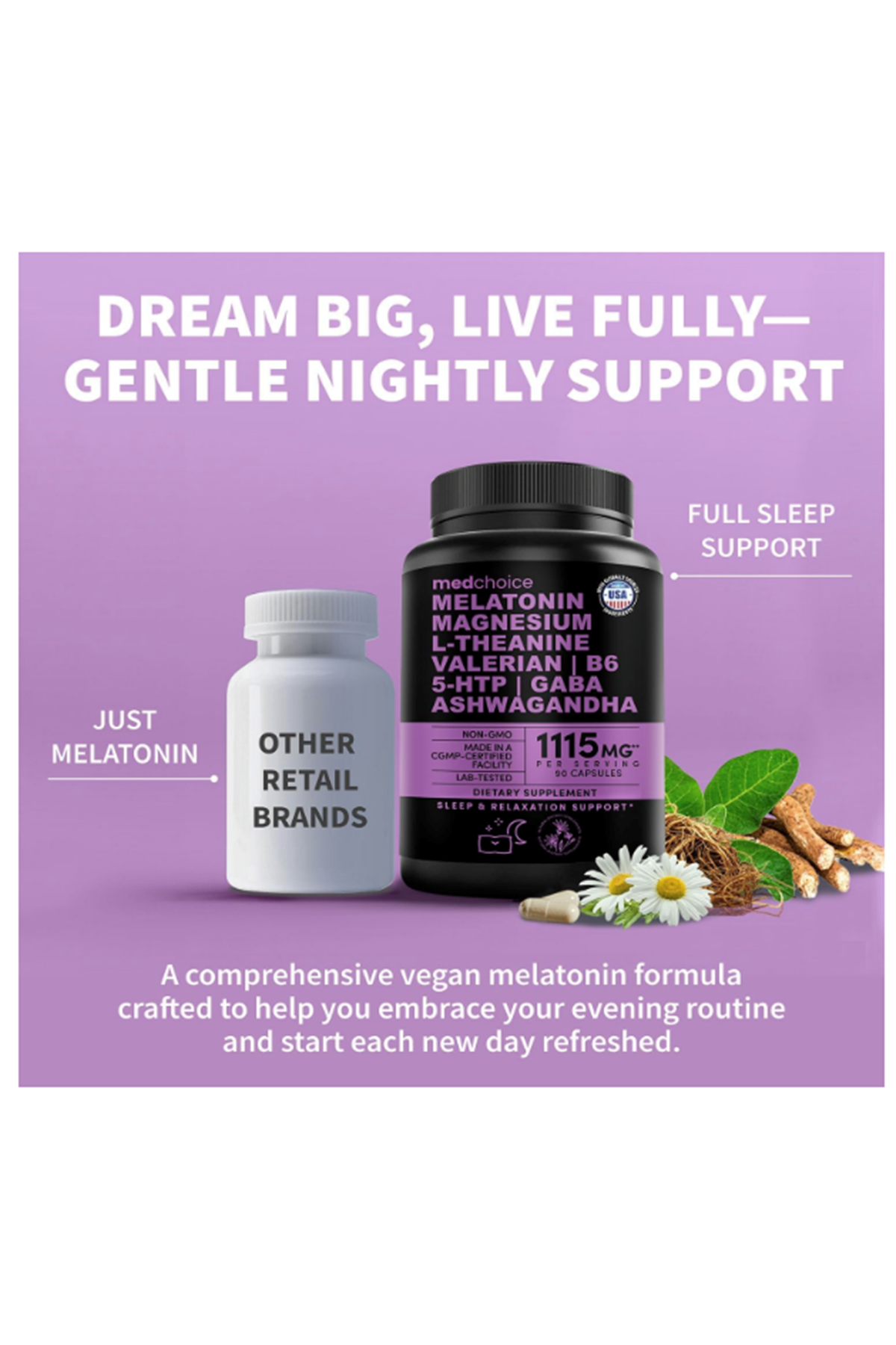 MEDCHOICE  Natural Sleep Magnesium Glycinate 500mg, L Theanine, Valerian Root,, GABA, 5-HTP, 90 Capsul.ABD MENŞEİ.50.