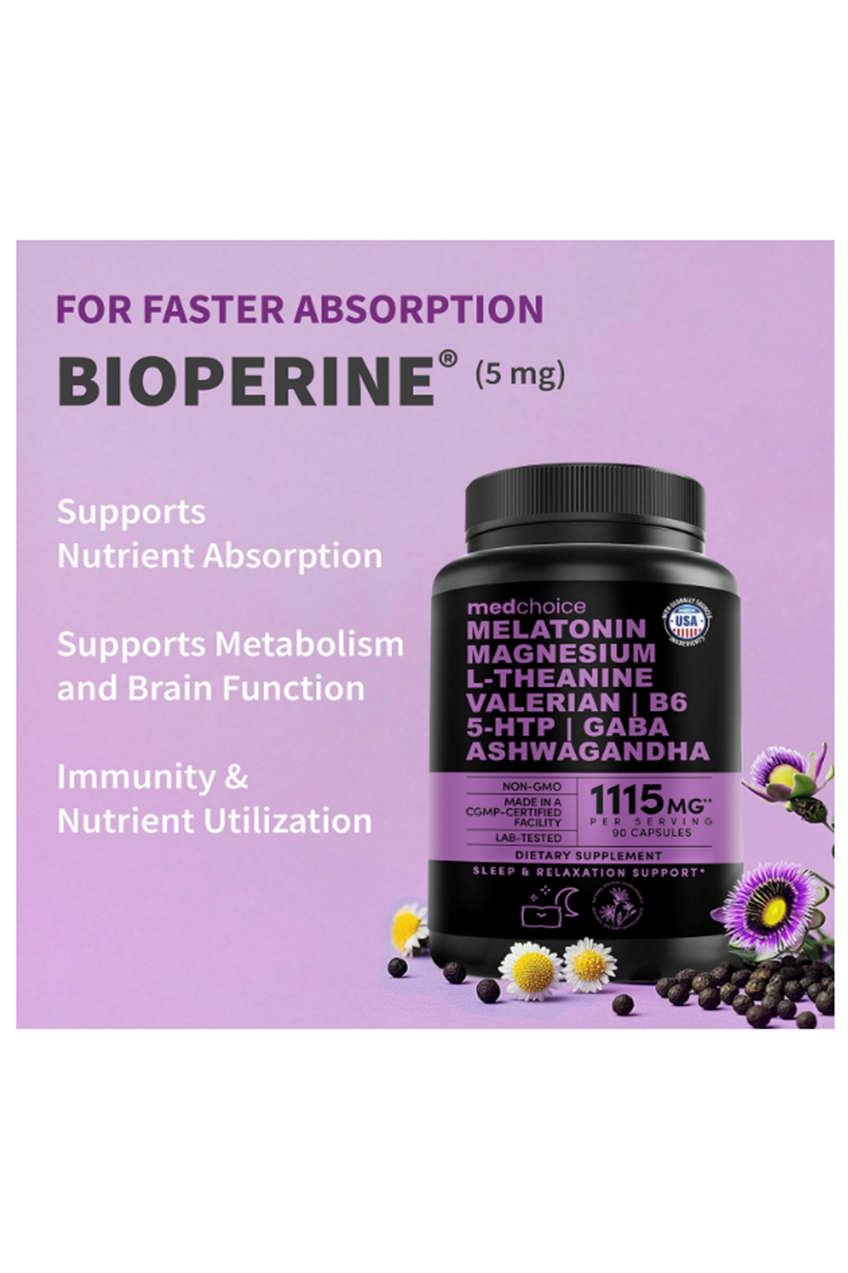 MEDCHOICE  Natural Sleep Magnesium Glycinate 500mg, L Theanine, Valerian Root,, GABA, 5-HTP, 90 Capsul.ABD MENŞEİ.50.