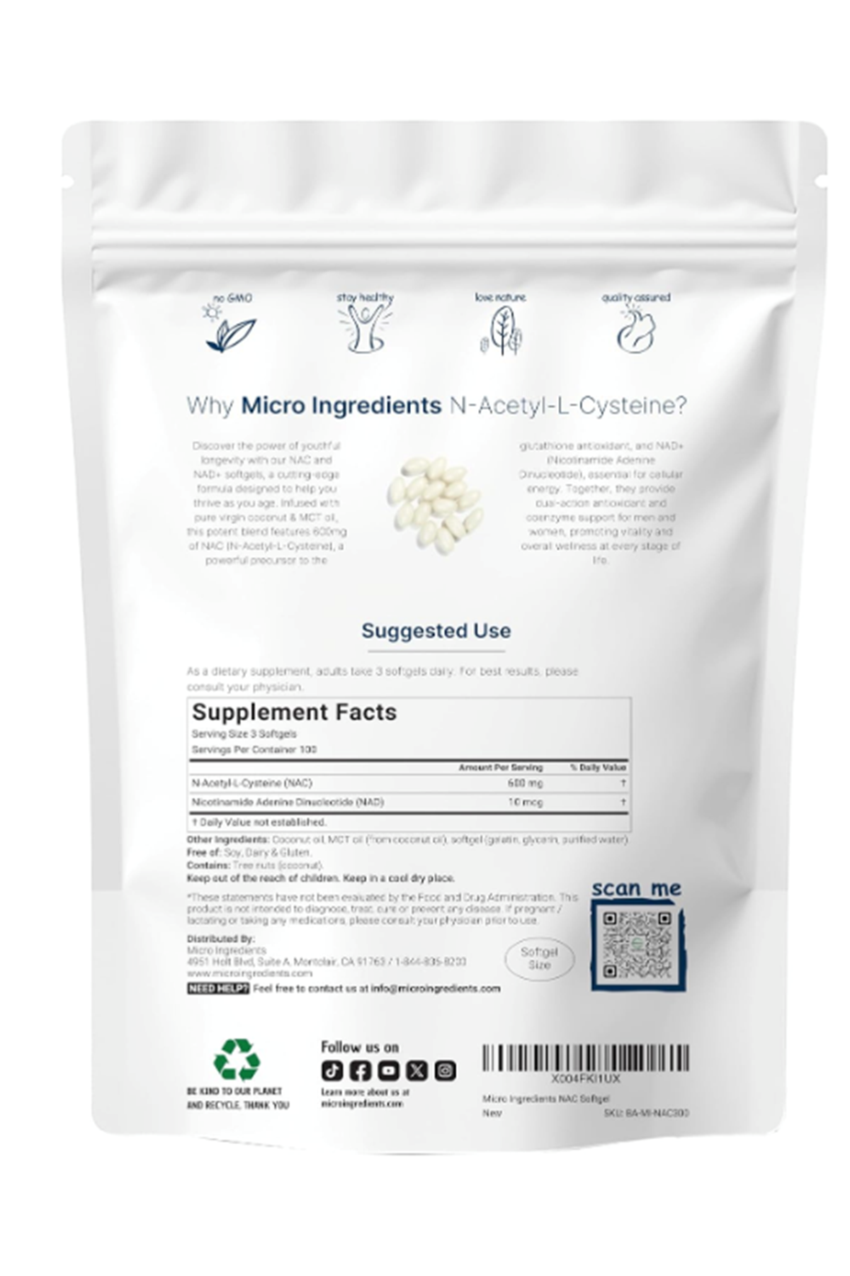 Micro Ingredients, N.A.C With NAD+, 300 Softgels.