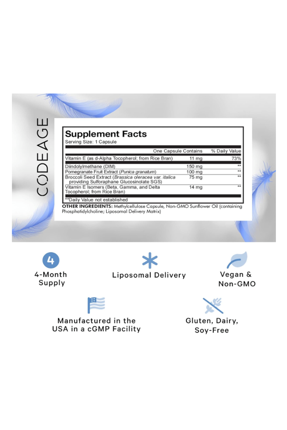 Codeage Liposomal DIM  SGS, Pomegranate, Broccoli, Vitamin E Isomers Tocopherols Alpha Beta Gamma Delta 120 Capsules.
