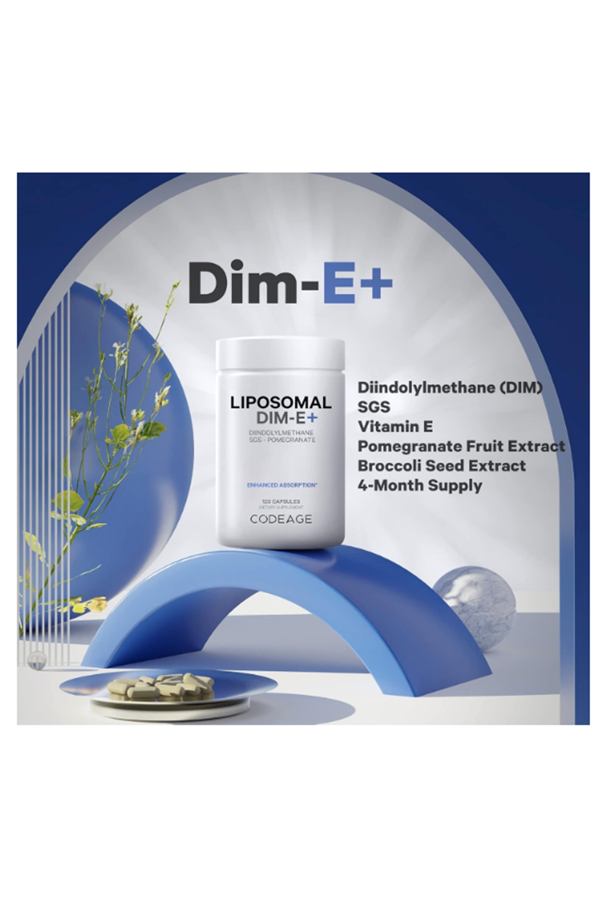 Codeage Liposomal DIM  SGS, Pomegranate, Broccoli, Vitamin E Isomers Tocopherols Alpha Beta Gamma Delta 120 Capsules.