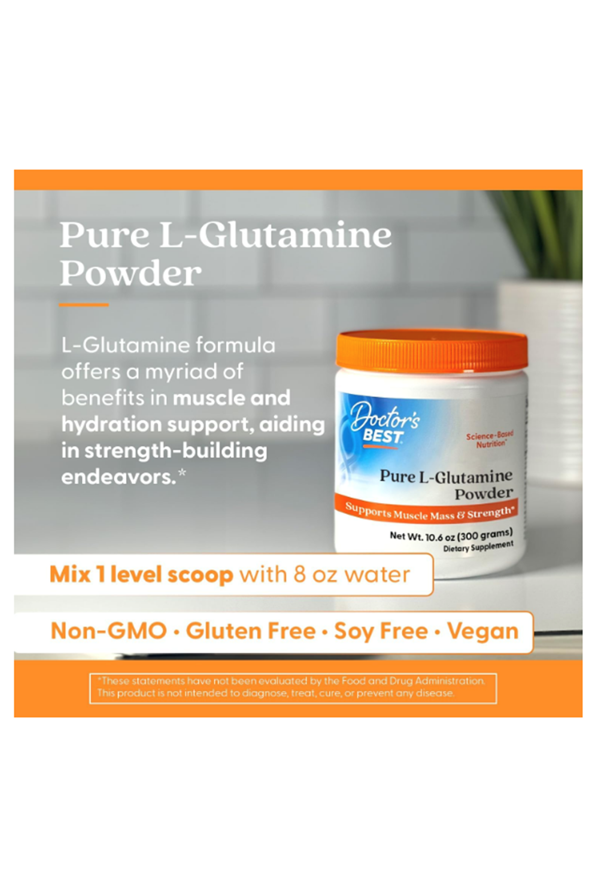 Doctors Best Pure L-Glutamine Powder Supports Muscle Mass Strength,Non-GMO, Gluten Free, Soy Free,Vegan (300 Grams).