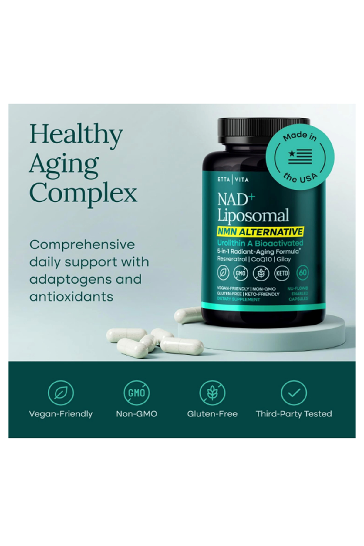 Etta Vita (Ösg Özel Sporcu Gıdaları) Liposomal NAD+ 60 Capsul Resveratrol, Urolithin A, CoQ10,Muira Puama Natural Energy, Brain Fog, Digestion, Detox, Gut Health NR NMN.