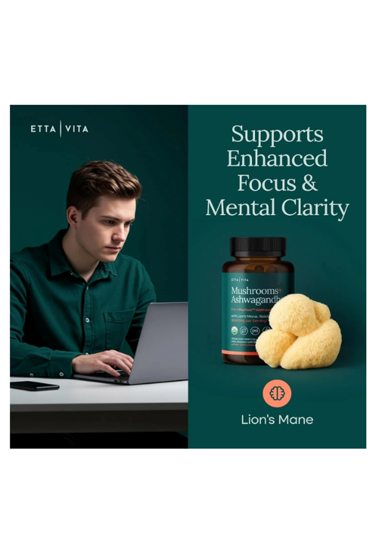 Etta Vita Mushroom+Asvaganda 90 Capsul Lions Mane,Chaga,Reishi,Cordyceps,Turkey Tail 10x Adaptogenic Complex Focus-Energy,Immunity Nootropic.