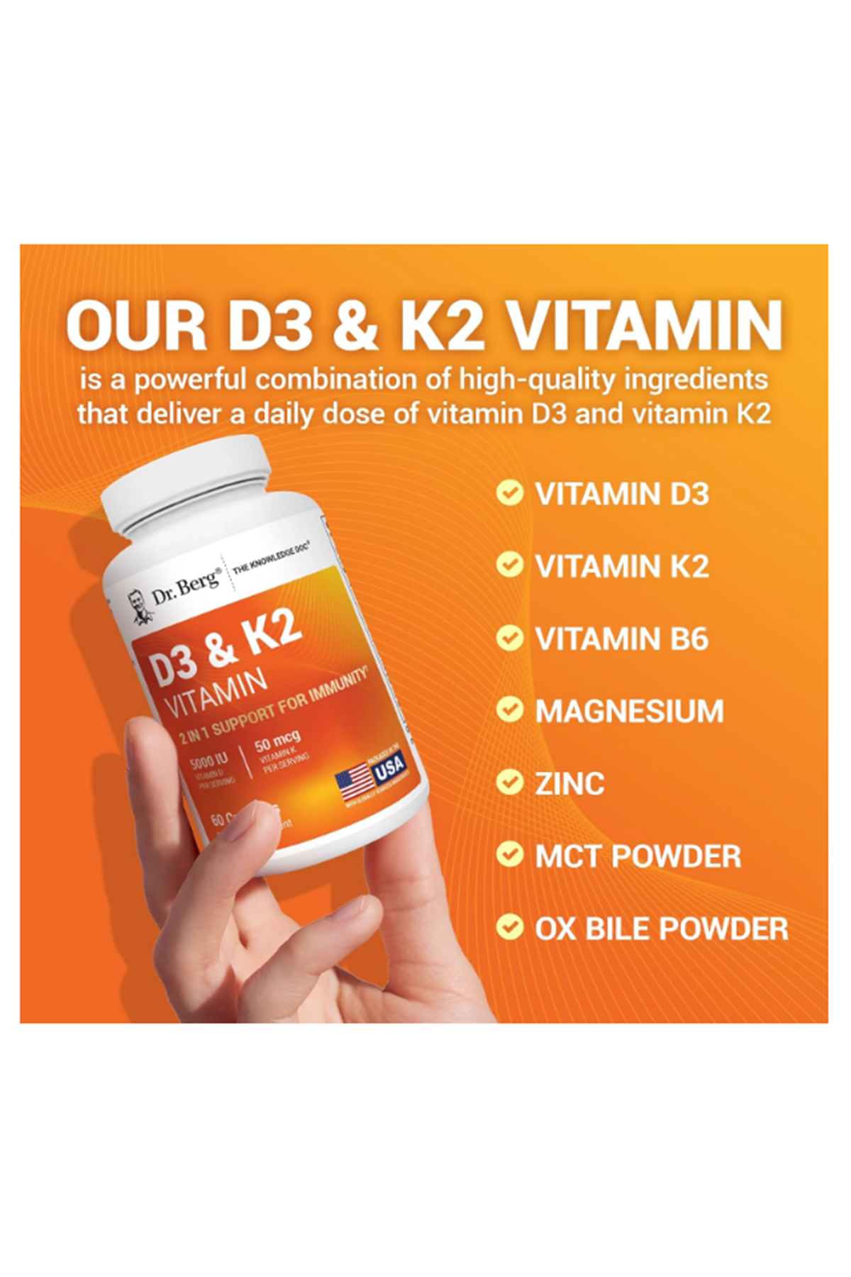 Dr. Berg  Vitamin D3 & K2 5,000 IU + MK-7 – 60 Capsul – Immune, Bone  Heart Support Magnezium, Zinc, B6. 